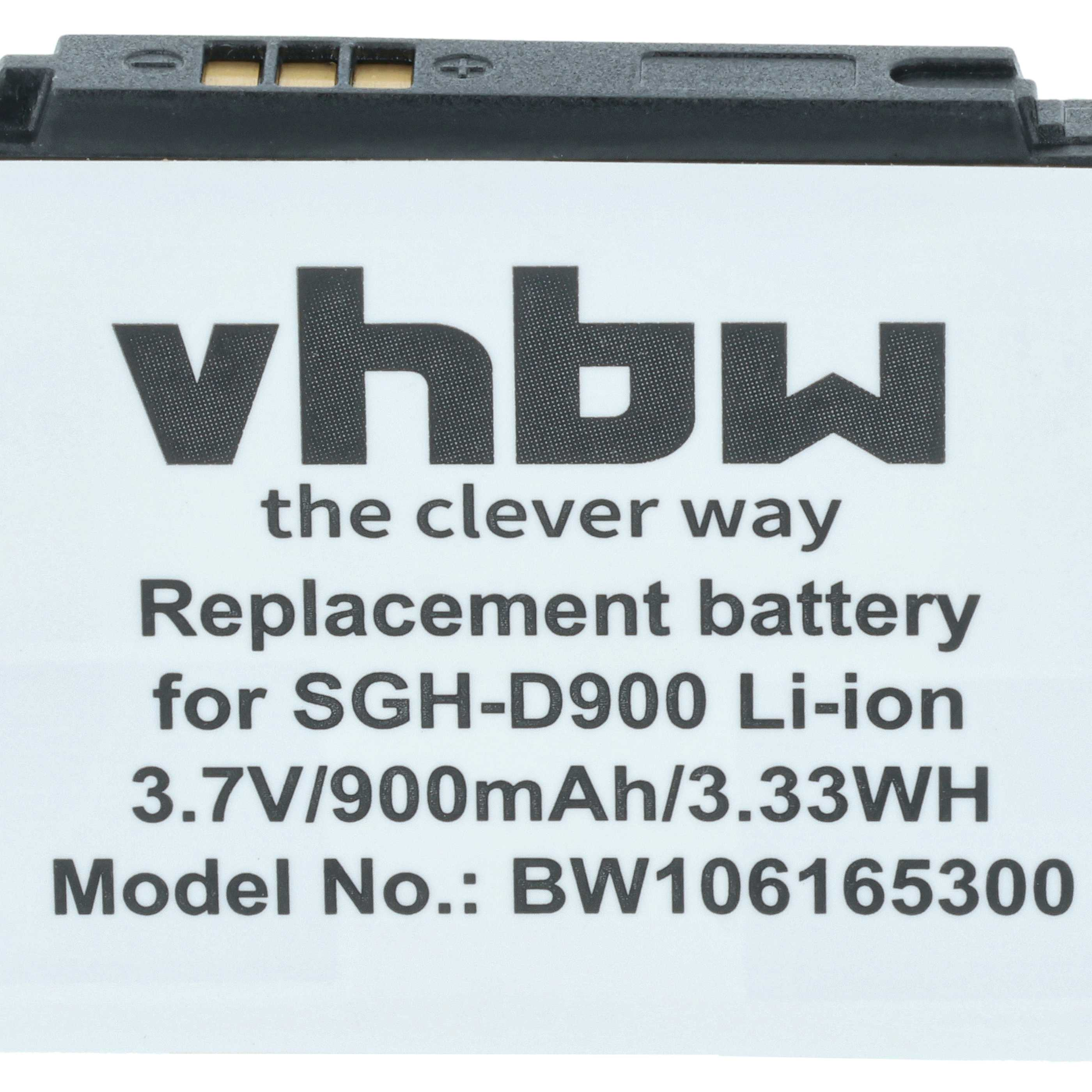 Ein Batterielabel mit schwarzem Text auf weißem Hintergrund. Es zeigt 'vhbw' und Batteriespezifikationen für ein Telefon.