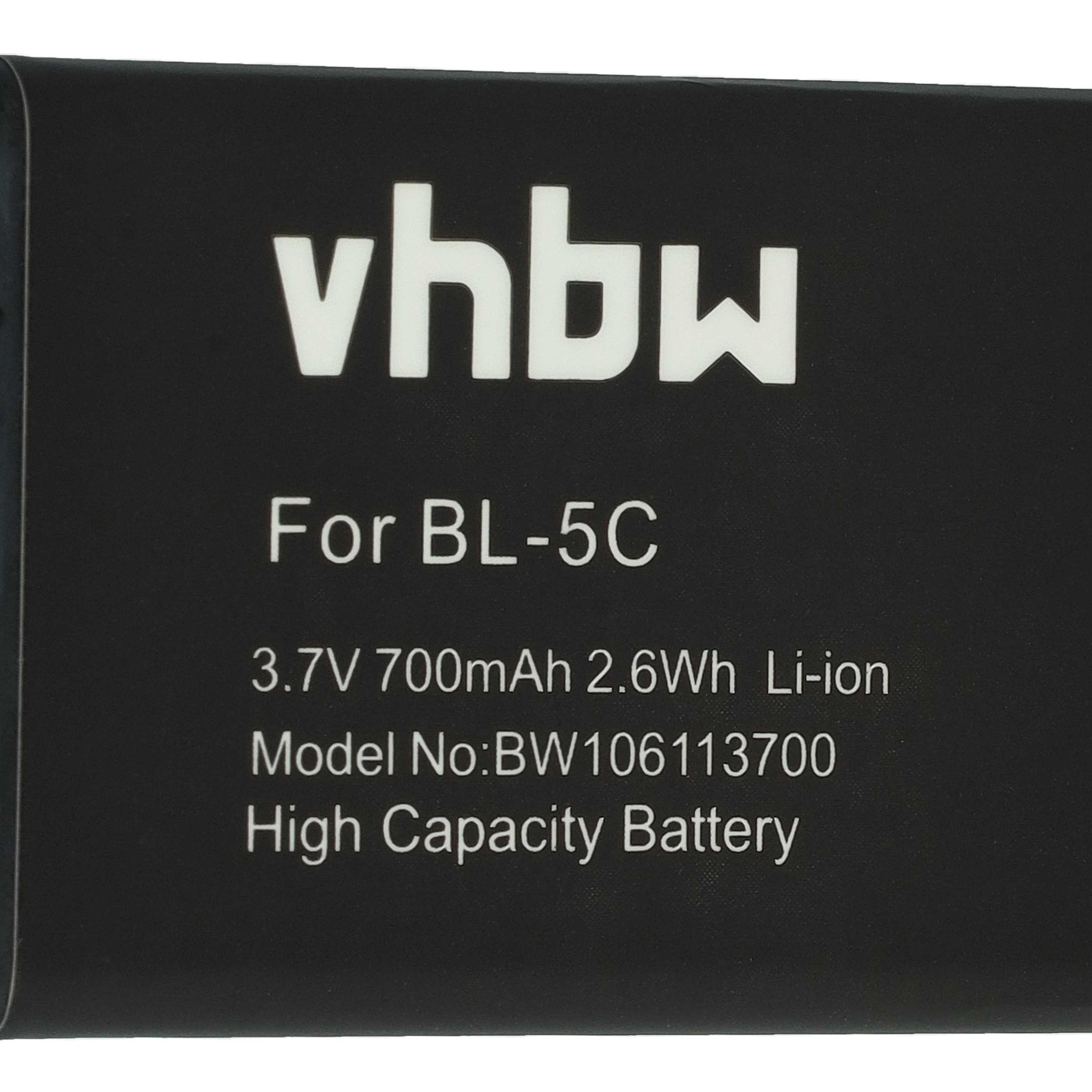 Ein schwarzer Akku mit weißem Text: vhbw, Für BL-5C und technische Daten. Es steht High Capacity Battery.