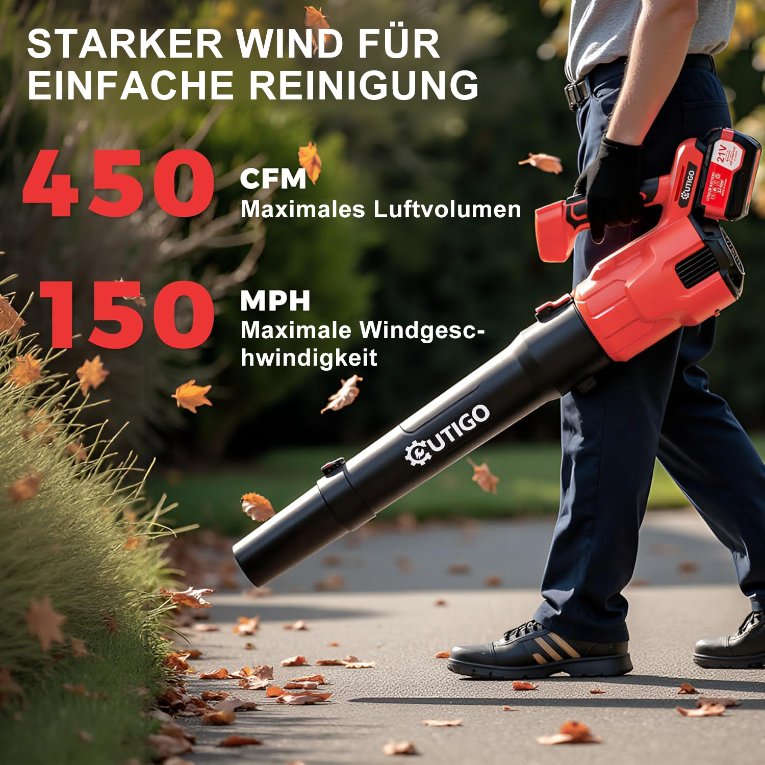 Eine Person in dunkler Kleidung benutzt ein orangefarbenes und schwarzes Laubgebläse auf einem Bürgersteig, um Blätter wegzublasen. Der Text zeigt 450 CFM und 150 MPH.