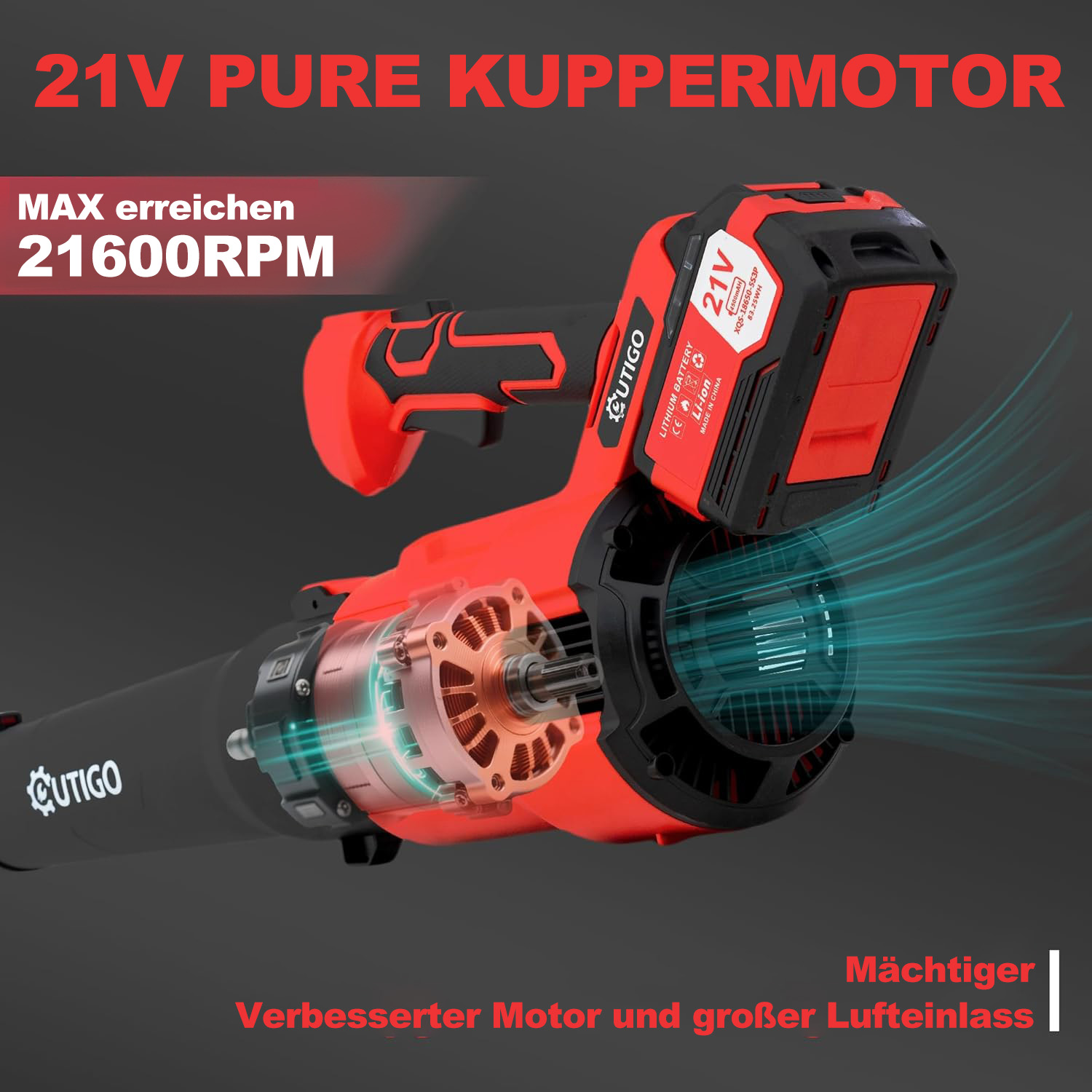 Ein rot-schwarzes Laubgebläse mit Akku. Auf ihm steht '21V PURE KUPPERMOTOR' und '21600RPM'. Die Marke ist 'CUTIGO'.