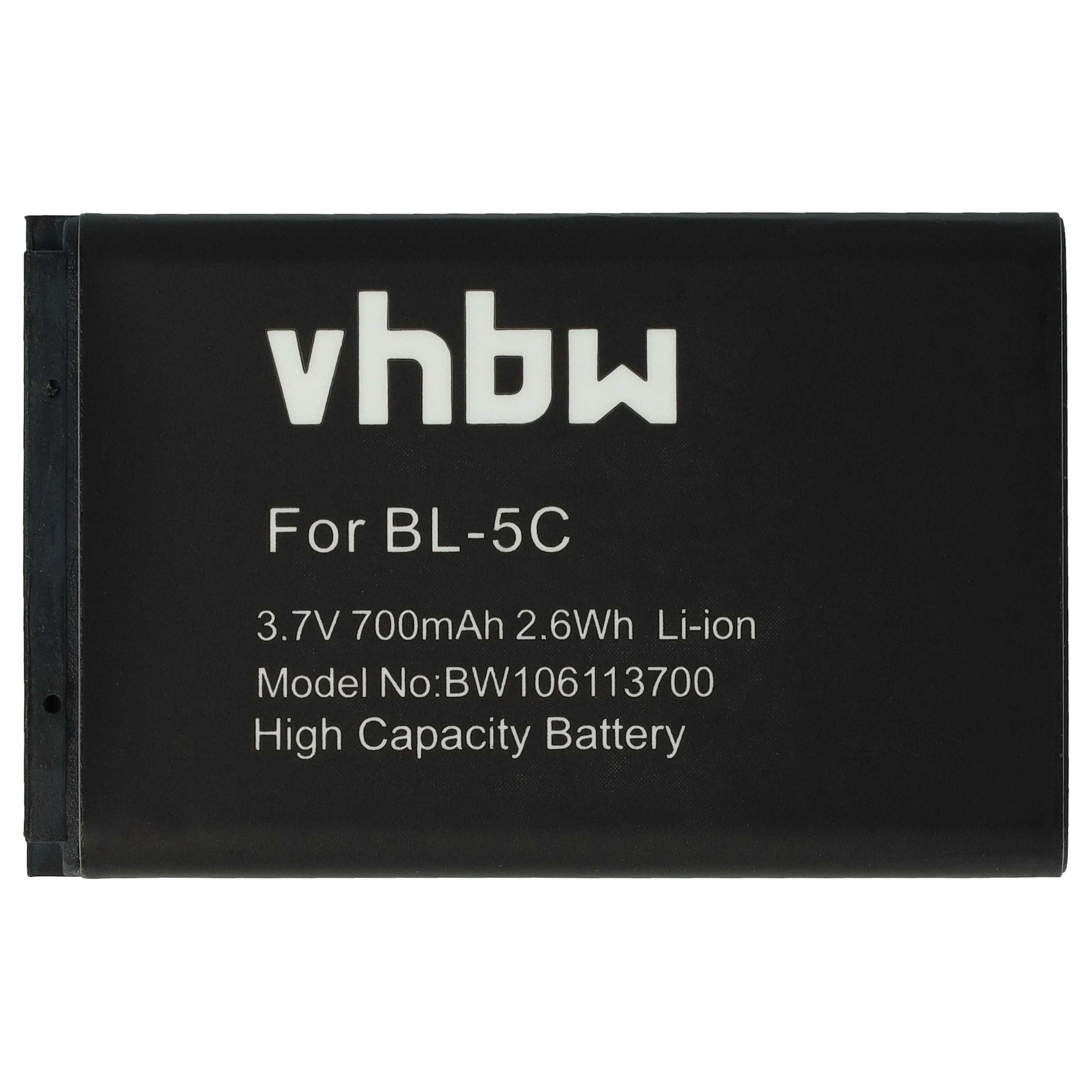 Schwarzer Akku mit weißem Text: vhbw, Für BL-5C, 3,7 V 700 mAh, Modell-Nr.: BW106113700, Hochleistungsbatterie.