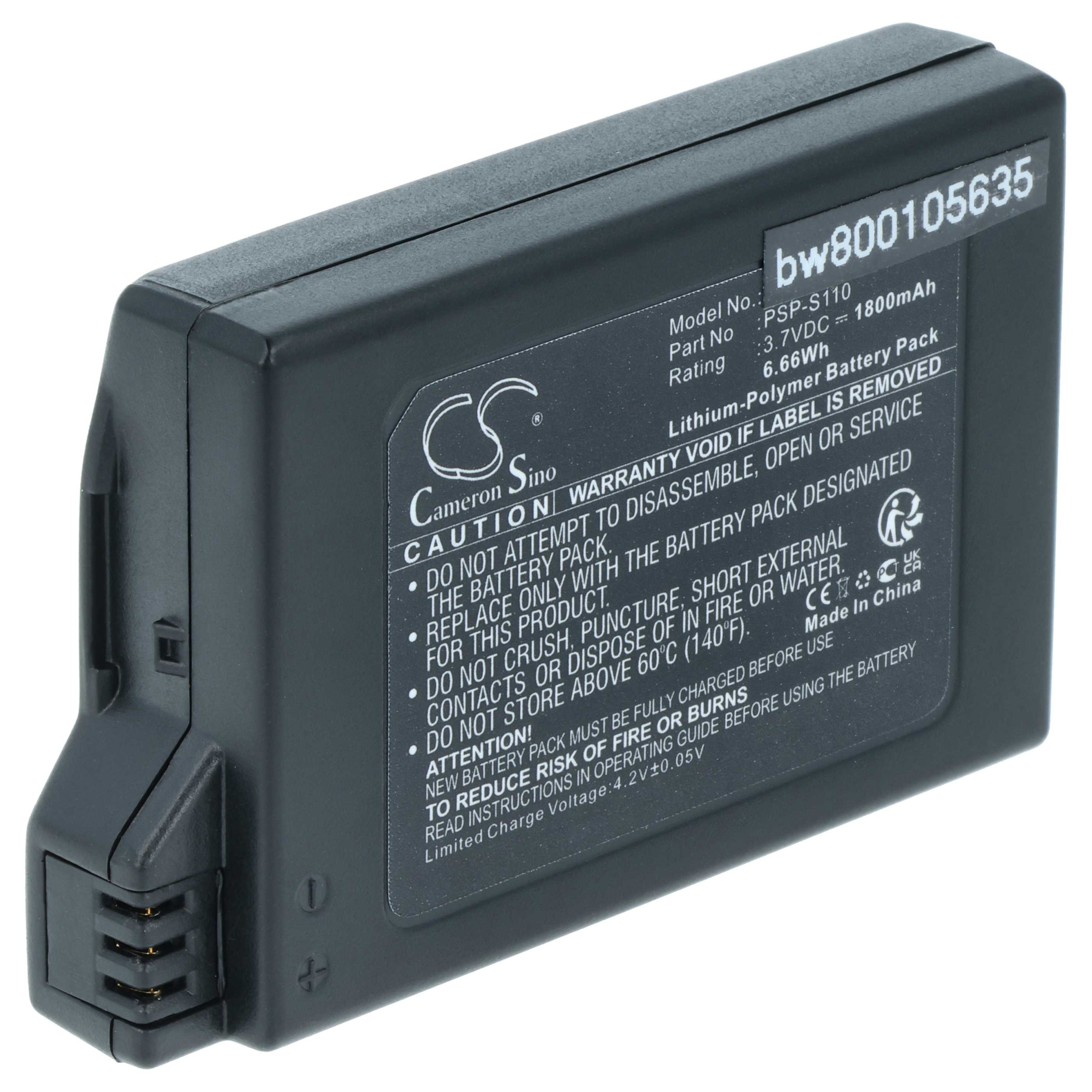 Ein schwarzes Akkupack mit Sicherheitswarnungen und technischen Daten, einschließlich einer Modellnummer.