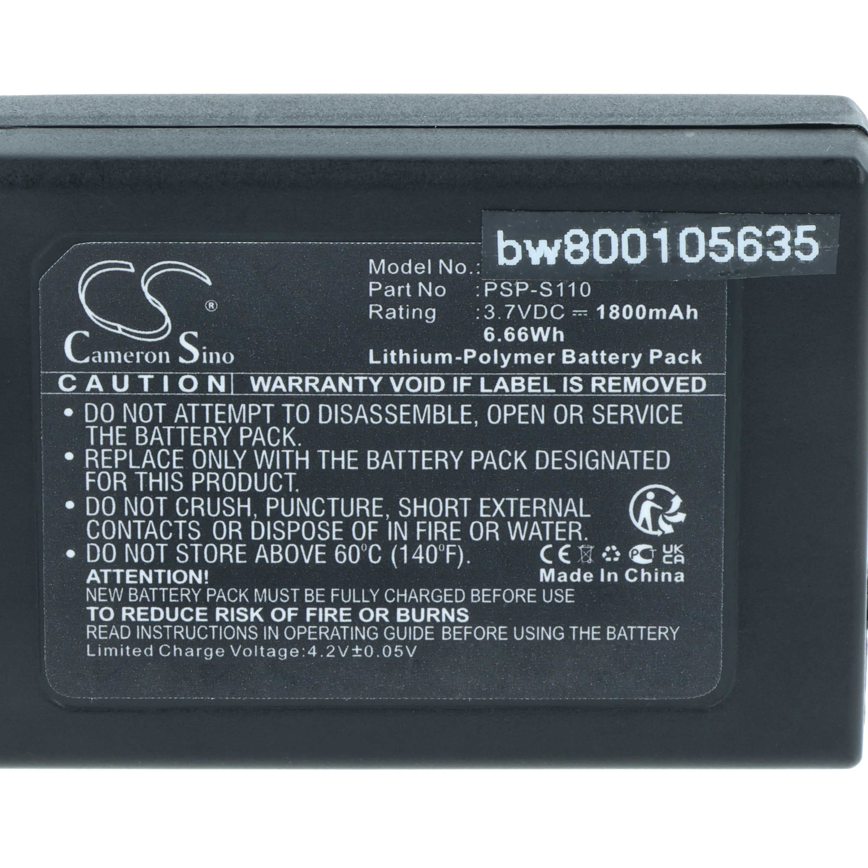 Ein schwarzes Batteriepack mit weißem Text, einschließlich Warnhinweisen und Spezifikationen. Die Marke ist Cameron Sino.
