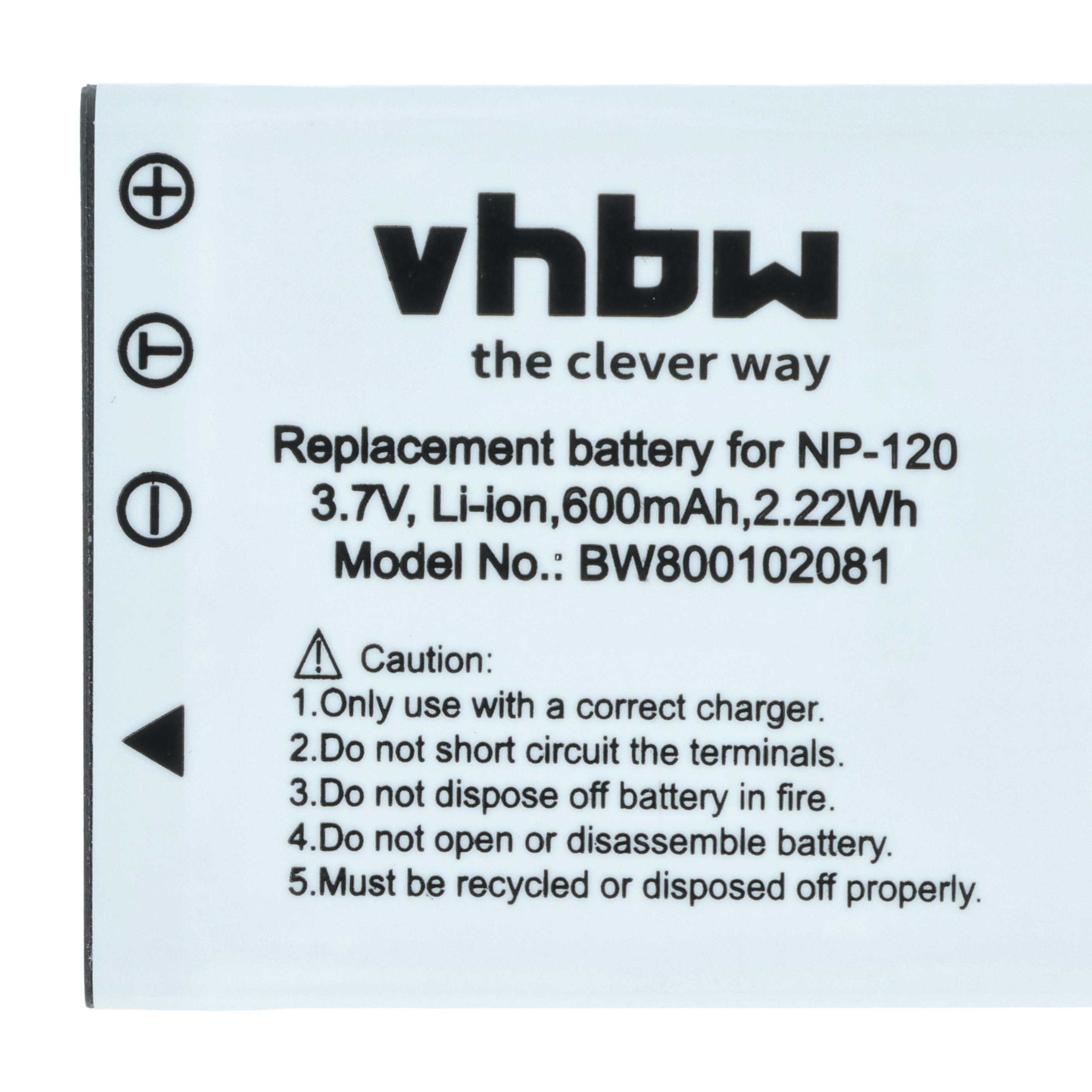 Weiße Batterie mit schwarzem Text. Der Text lautet 'vhbw' und 'Replacement battery'. Enthält Warnhinweise zu Gebrauch und Entsorgung.