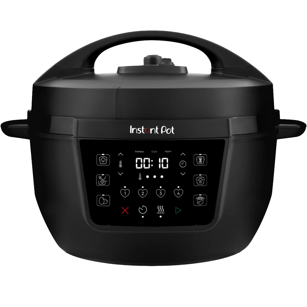 Czarny Instant Pot, cyfrowy wyświetlacz pokazuje 00:10. Przyciski do podgrzewania, gotowania i podtrzymywania ciepła. Uchwyt u góry i z boku.