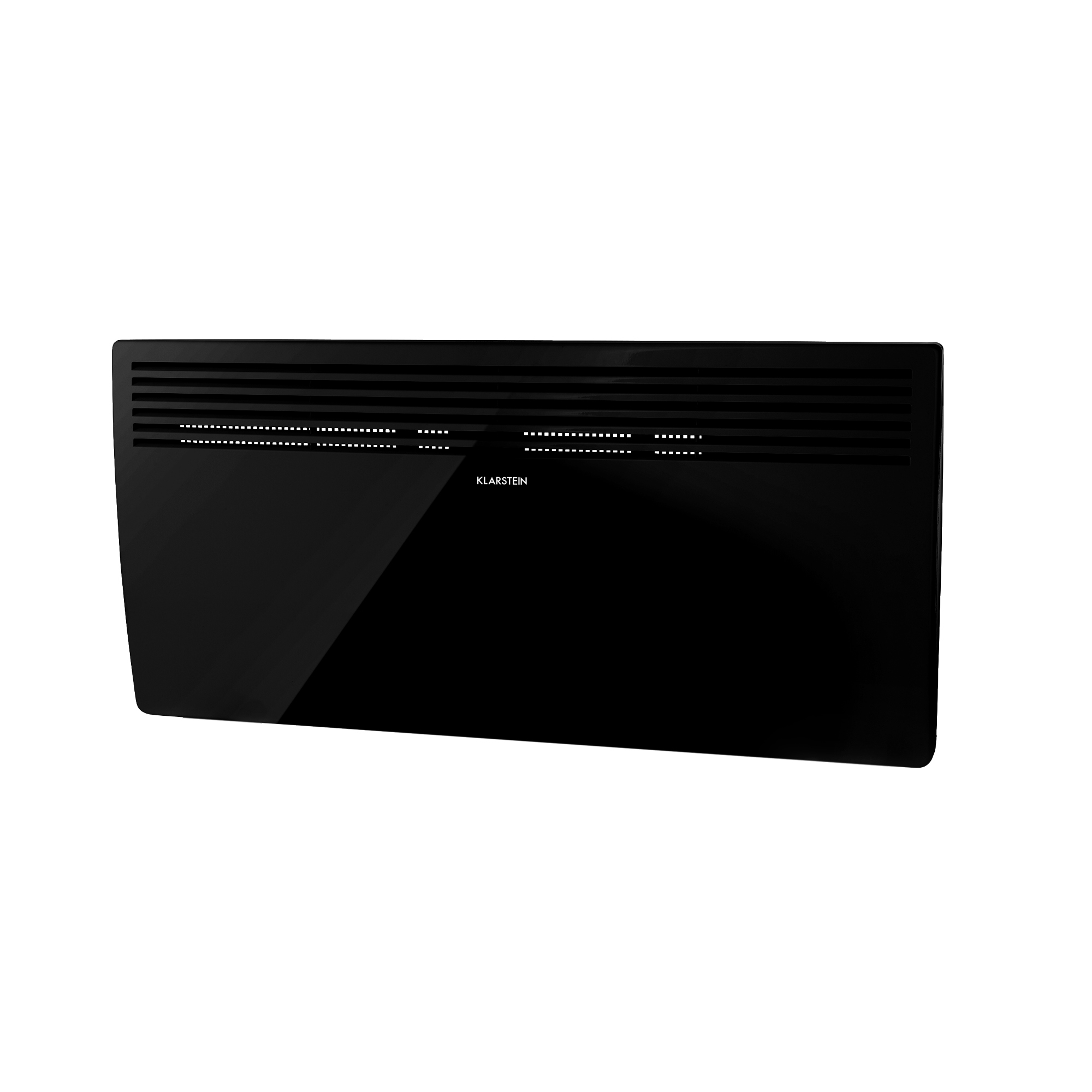 Un calefactor eléctrico negro Klarstein sobre fondo blanco. El calefactor tiene un diseño elegante con rejillas horizontales.