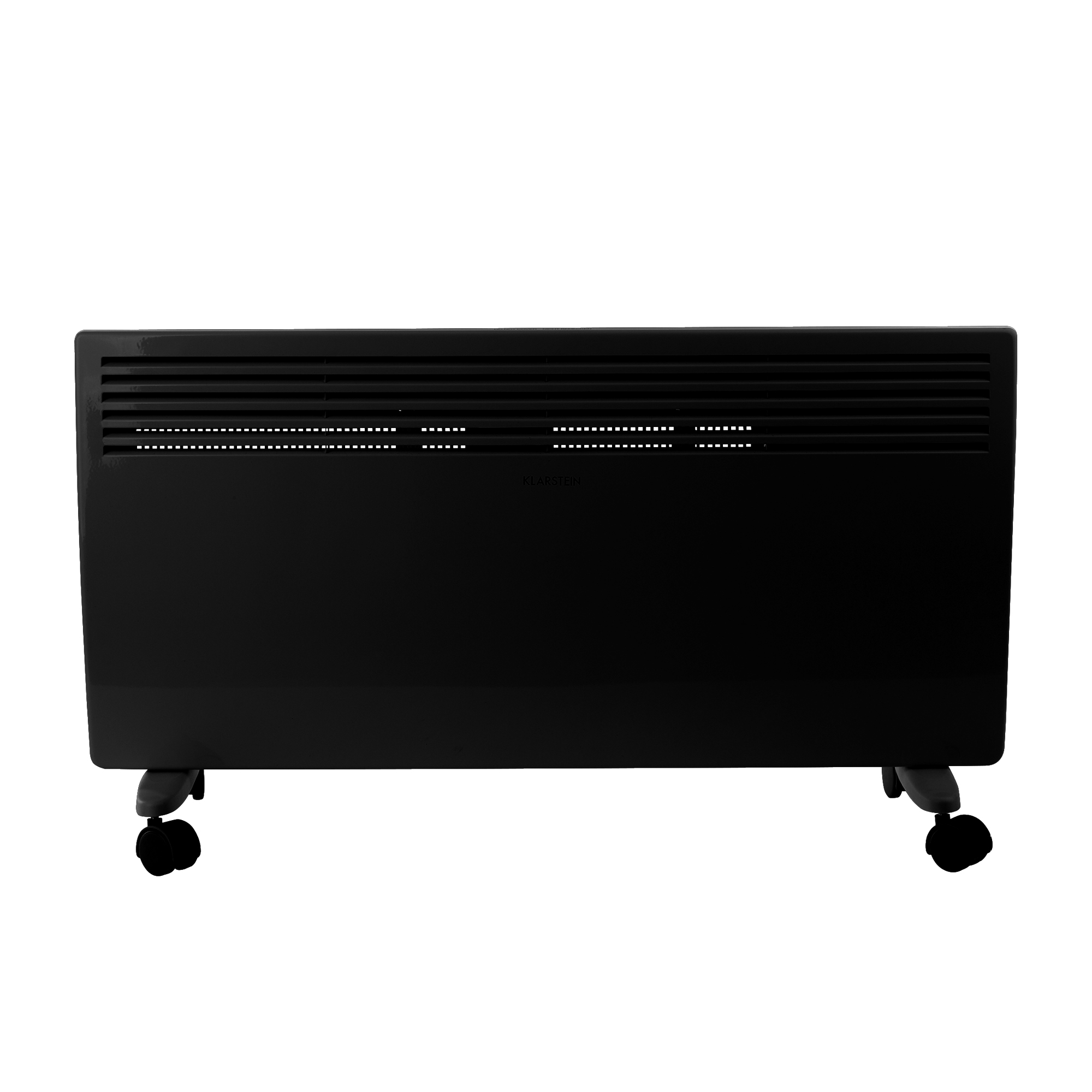 Un calentador eléctrico negro con ruedas. Tiene rejillas horizontales en la parte superior y la marca 'Klarstein'.