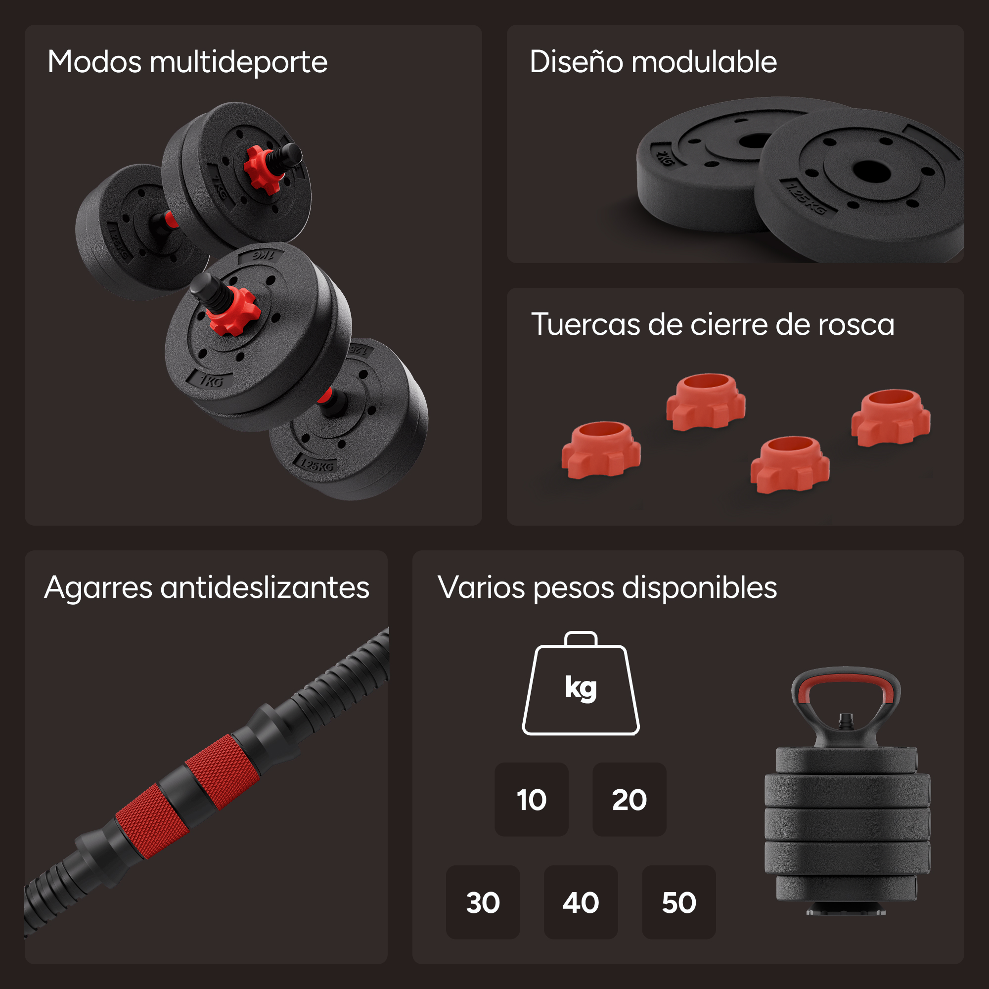 La imagen muestra pesas ajustables, piezas y opciones de peso. Incluye tuercas de rosca, agarres antideslizantes y selección de peso de 10 a 50 kg.