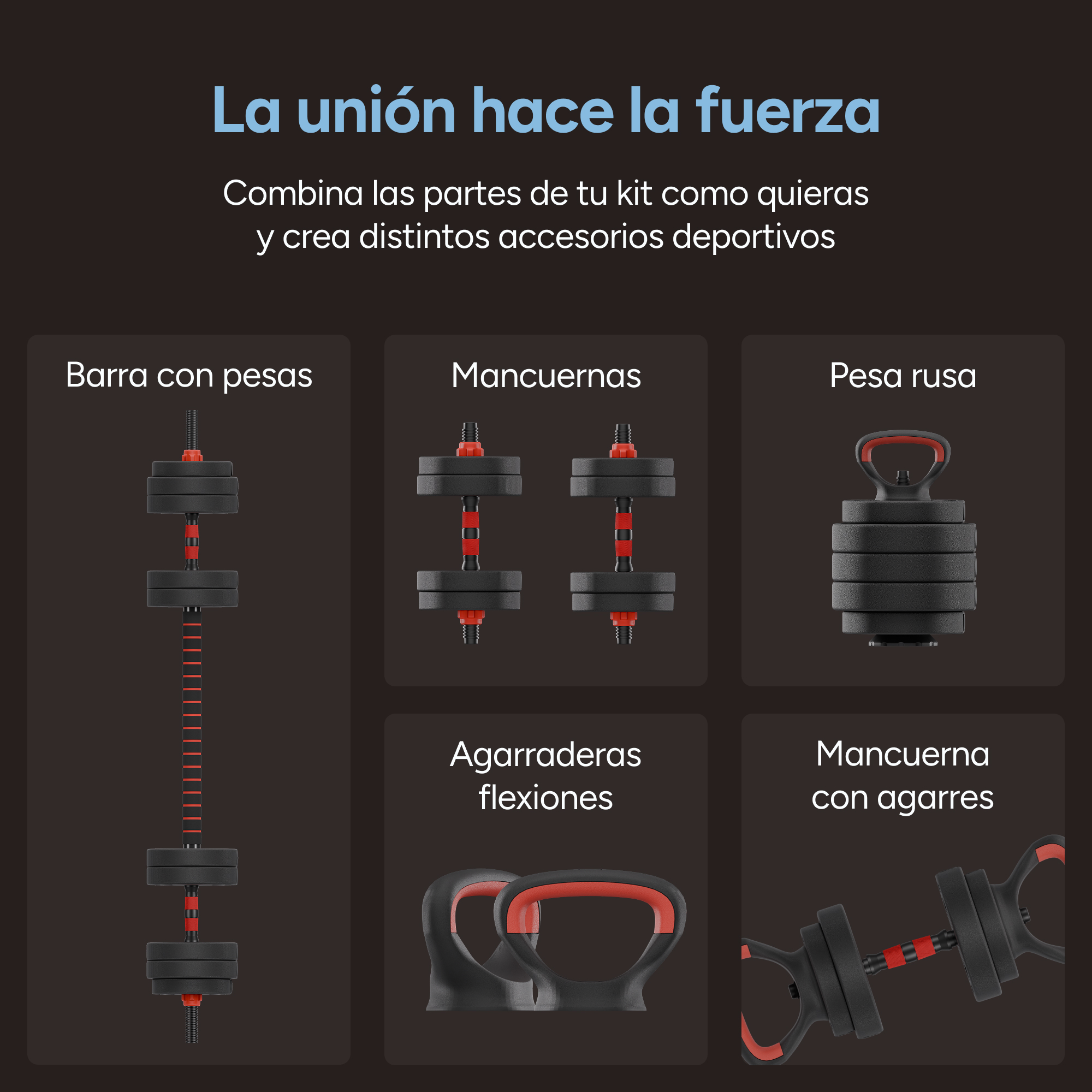 La imagen muestra equipos de ejercicio: barra con pesas, mancuernas, pesa rusa, agarres flex, y mancuernas con agarres, todo en negro y rojo.