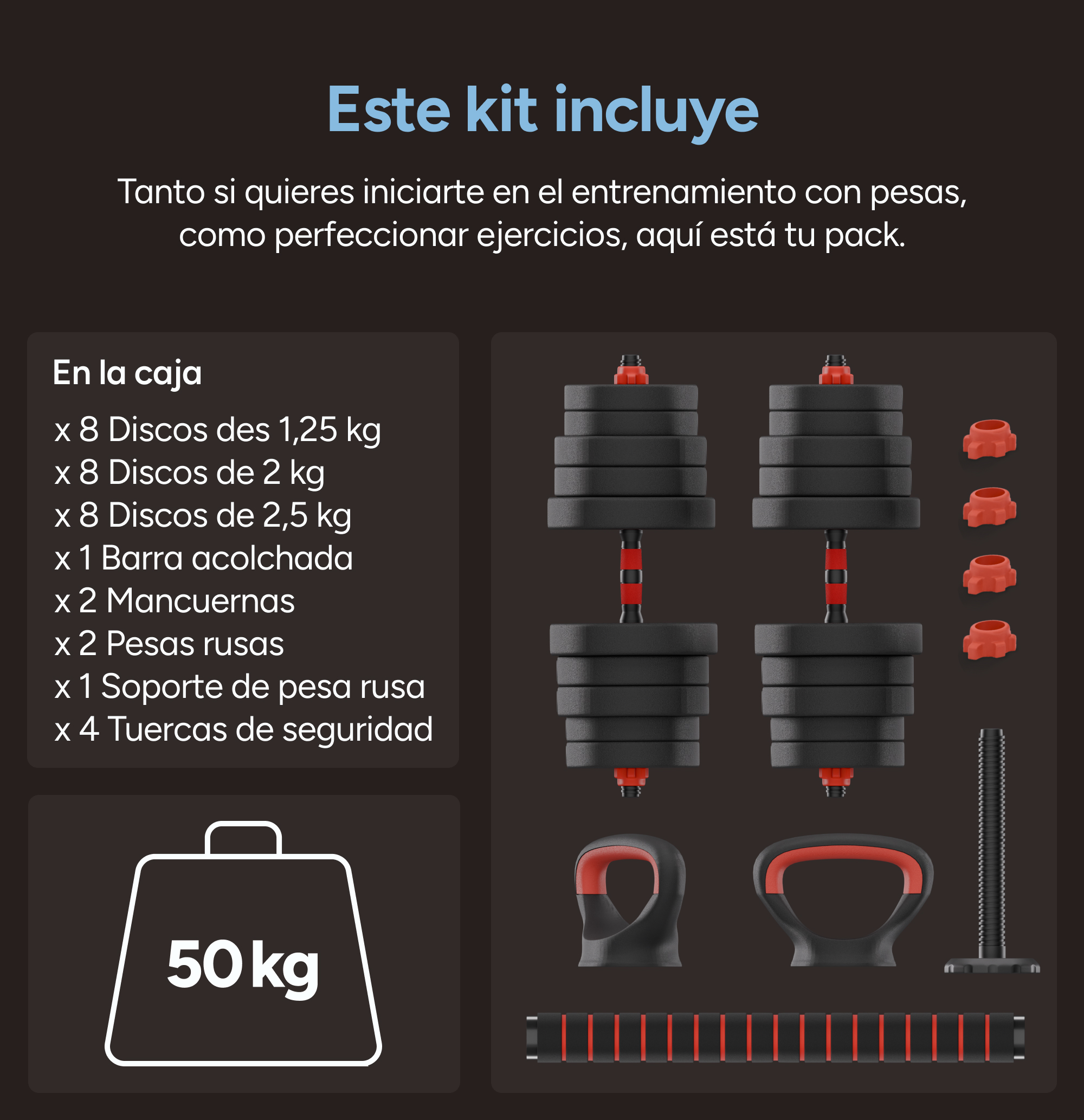 Una imagen muestra un juego de pesas, que incluye mancuernas, pesas y una pesa rusa. El texto enumera los componentes y el peso total de 50 kg.