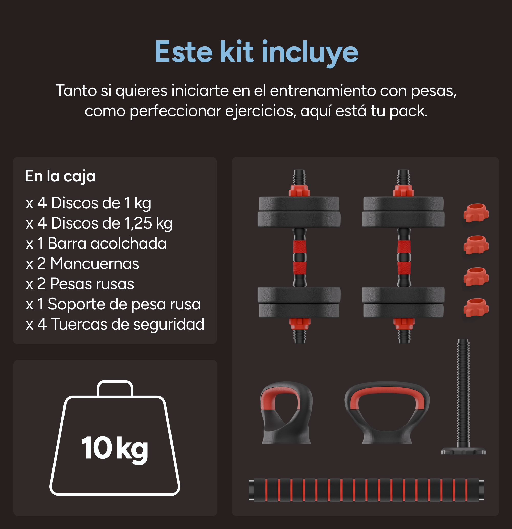 La imagen muestra un kit de pesas con pesas, barras y accesorios. El texto en español describe el contenido.