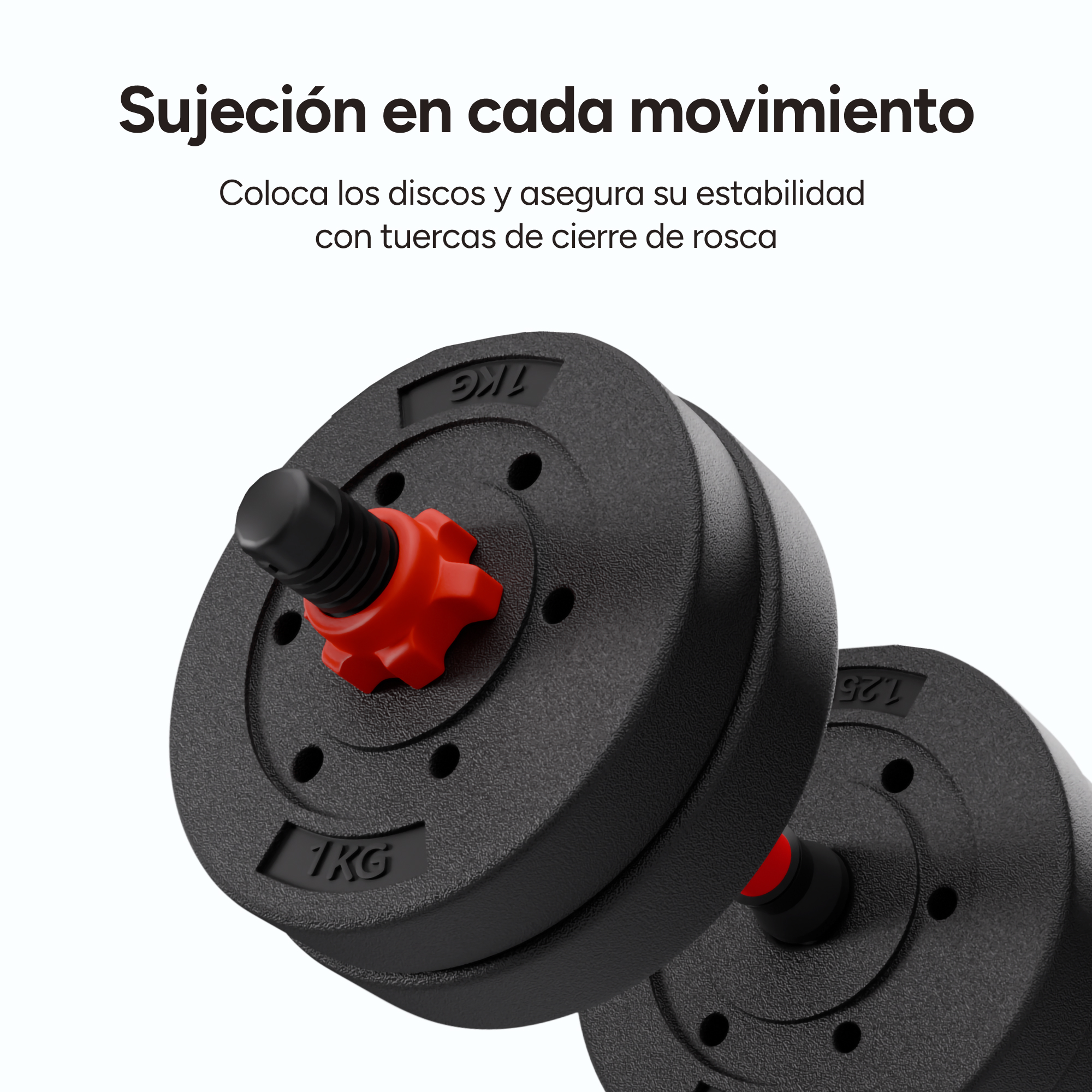 Primer plano de una mancuerna con pesas negras y un mecanismo de bloqueo rojo. Las pesas están etiquetadas con 1KG y 1.25.