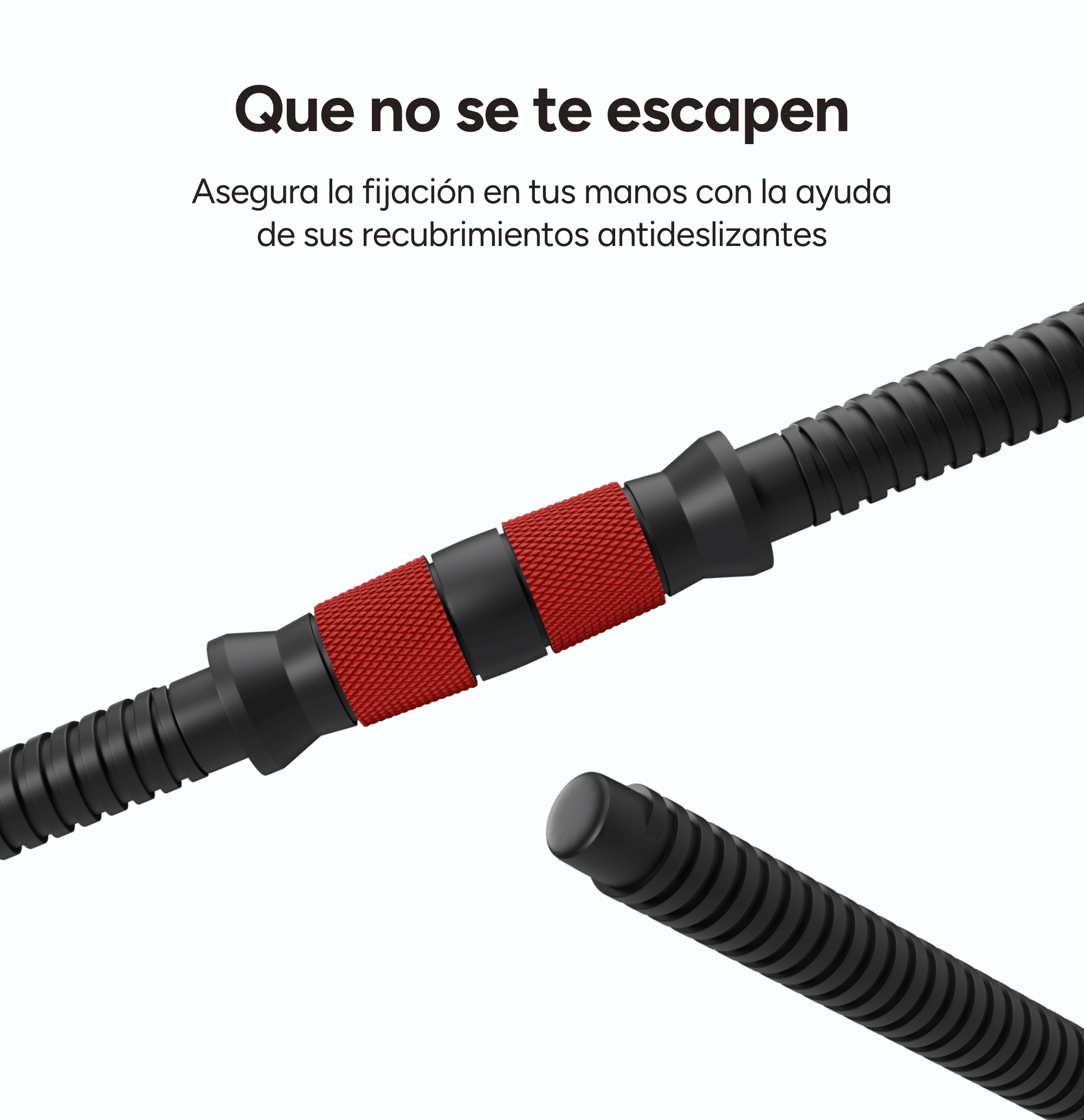 Objeto negro y rojo texturizado, posiblemente un mango, sobre blanco. Texto: 'Que no se te escapen'.