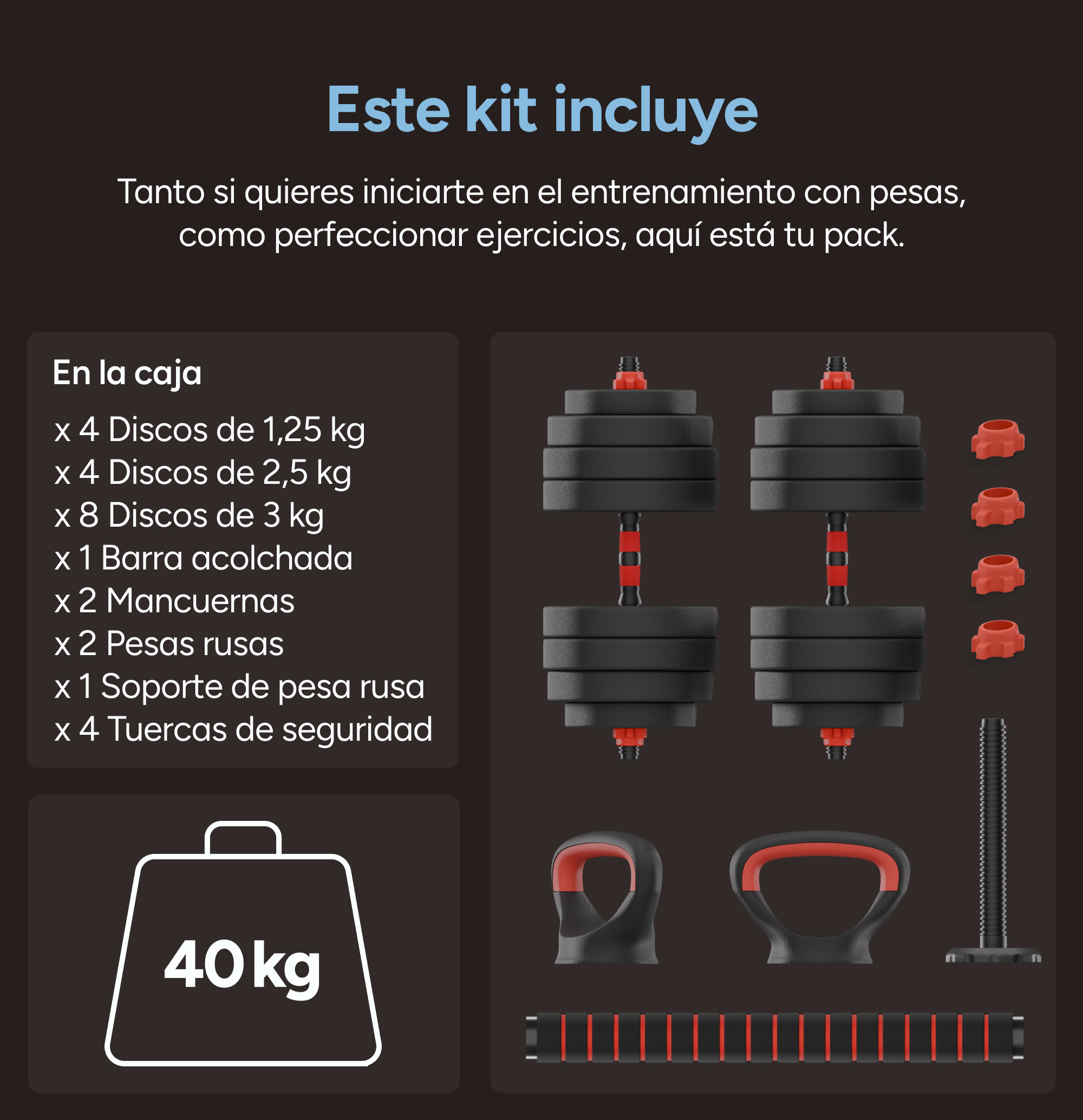 La imagen muestra un kit de pesas. Incluye mancuernas, discos de peso, pesas rusas y un soporte, todo en negro y rojo.