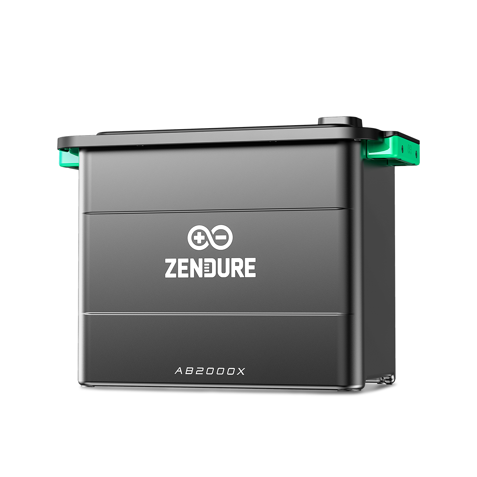 Ein graues ZENDURE AB2000X Akkupack. Es hat eine schwarze Oberseite mit grünen Akzenten. Das Logo und die Modellnummer sind sichtbar.