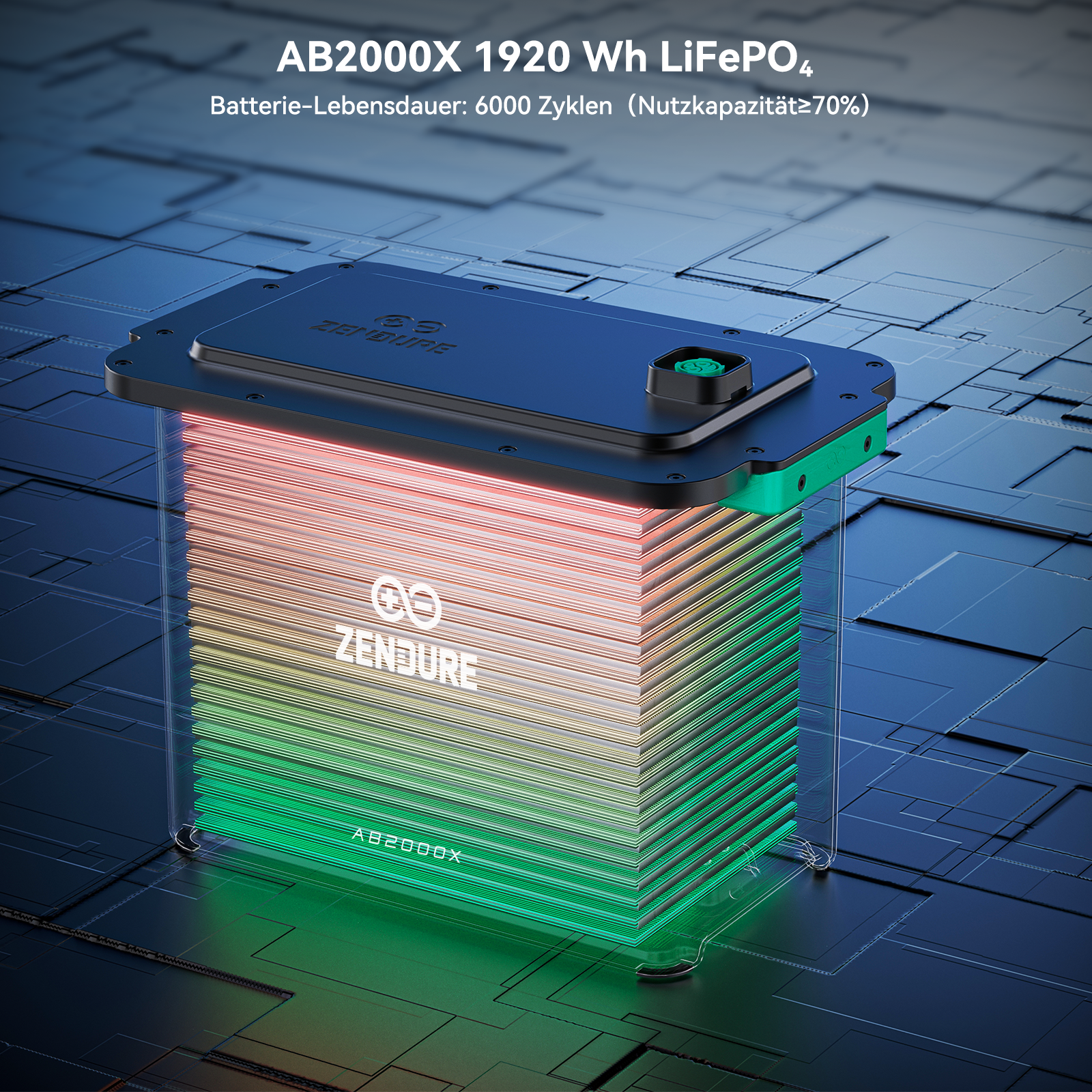Ein Akku-Pack mit schwarzem Deckel und farbenfrohem, geschichtetem Innenraum. Der Text oben lautet AB2000X 1920 Wh LiFePO4.