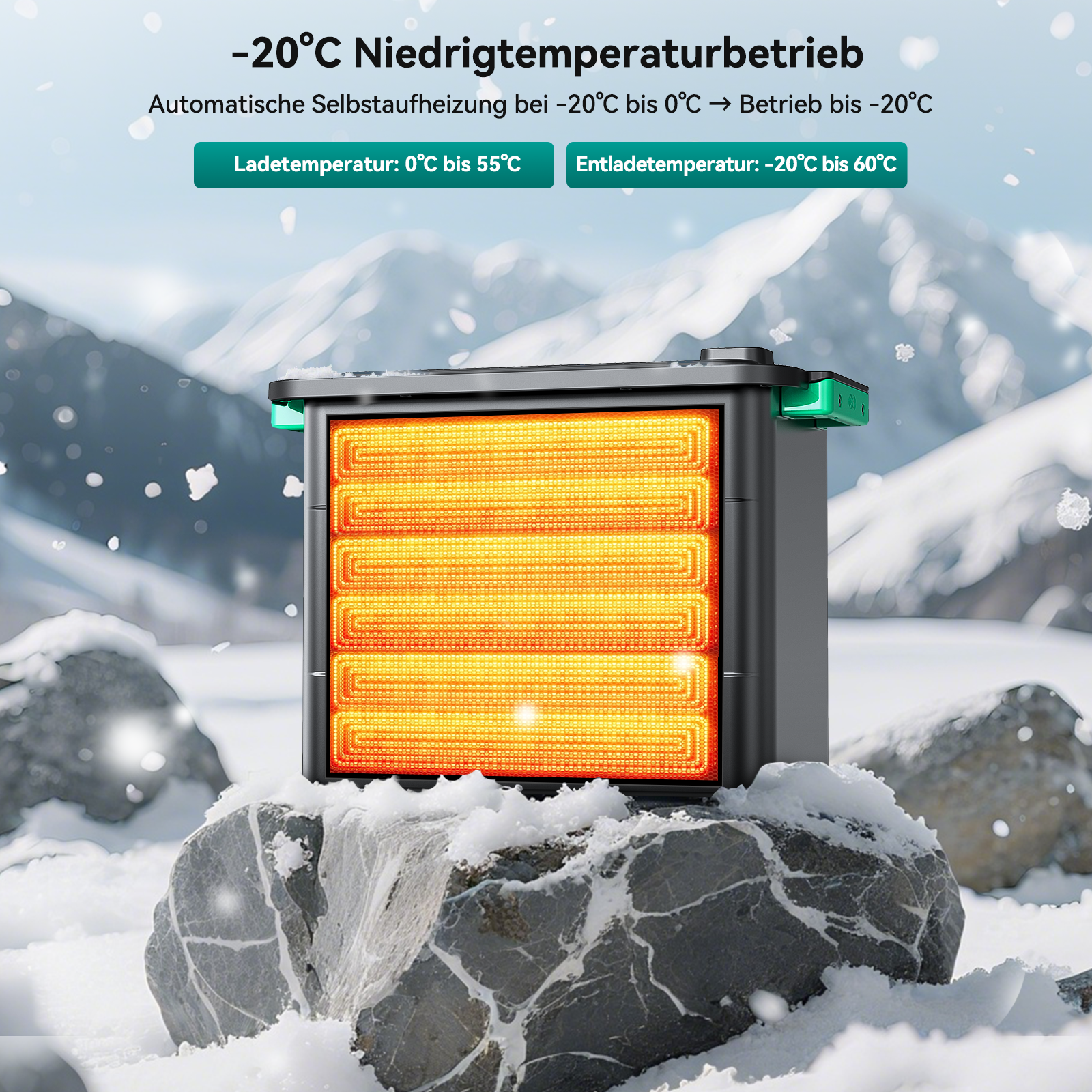 Heizung auf schneebedecktem Felsen. Es hat ein leuchtend orangefarbenes Innere und grüne Akzente. Schneebedeckte Berge im Hintergrund.
