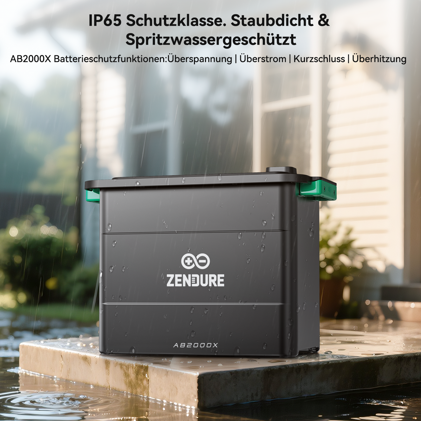 Schwarzer ZENDURE AB2000X-Akkupack im Regen. Grüne Akzente an den oberen Ecken. Der Hintergrund zeigt ein Haus.
