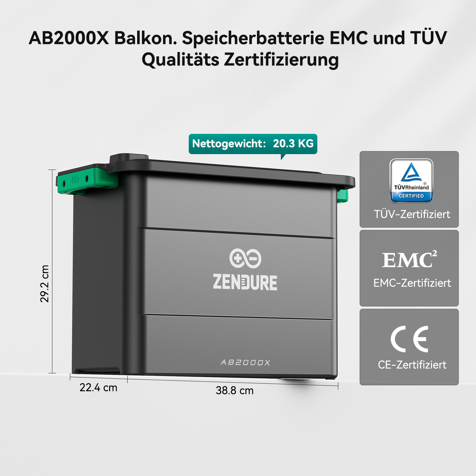 Graue Batterie mit grünen Akzenten. Sie hat den Markennamen ZENDURE. Zertifizierungen umfassen TÜV, EMC und CE.