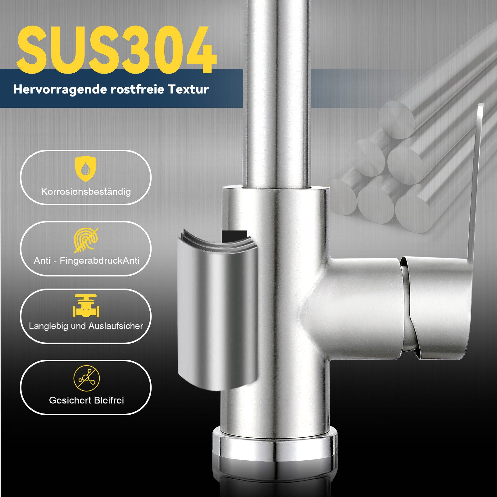 Przedstawiono kran ze stali nierdzewnej, z wskaźnikami tekstowymi dla funkcji takich jak odporność na korozję i odciski palców.