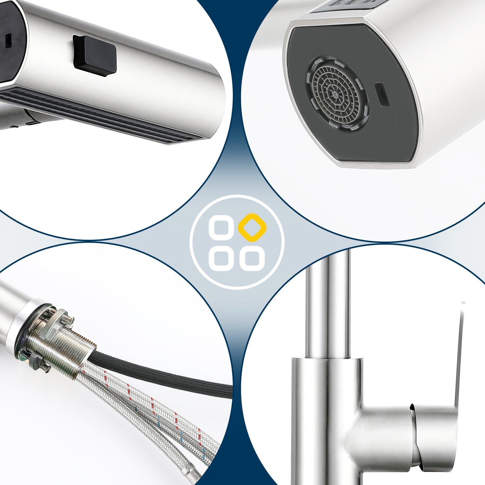 Zbliżenie nowoczesnej baterii. Sekcje pokazują głowicę, uchwyt i elementy wewnętrzne, wszystkie ze stali nierdzewnej.