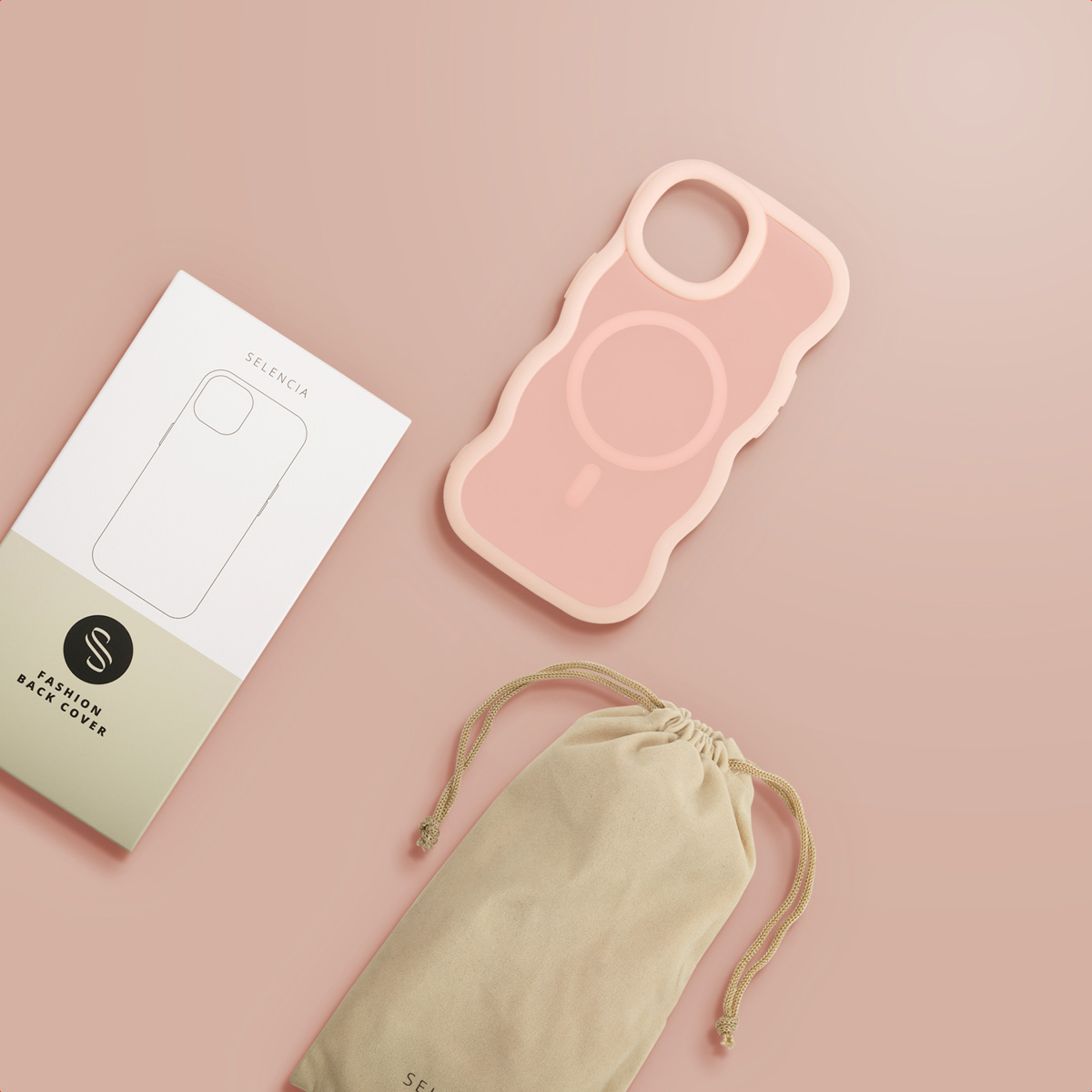 A pink phone case, packaging, and a beige pouch are on a pink background. The case has a wavy edge design.
