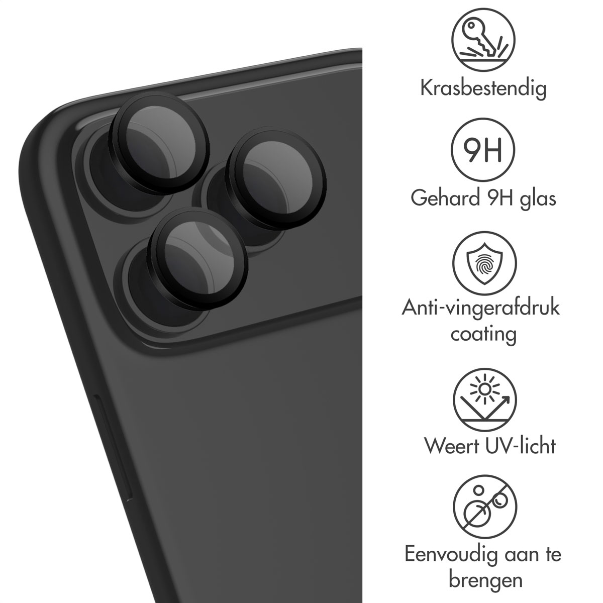 Zwarte telefoon met cameralenzen en tekst die functies beschrijft zoals krasbestendigheid, 9H-glas, anti-vingerafdruk, UV-bescherming en eenvoudige installatie.