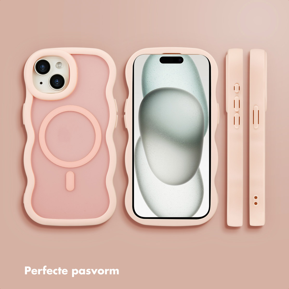 Pink phone case set. Includes a phone with a screen showing abstract art, plus two additional case parts, all on a pink backdrop.