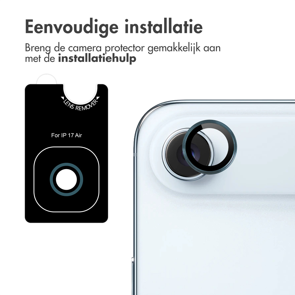 Een cameralensbeschermer wordt getoond naast een telefooncamera. De tekst luidt 'eenvoudige installatie' en 'lensverwijderaar'.
