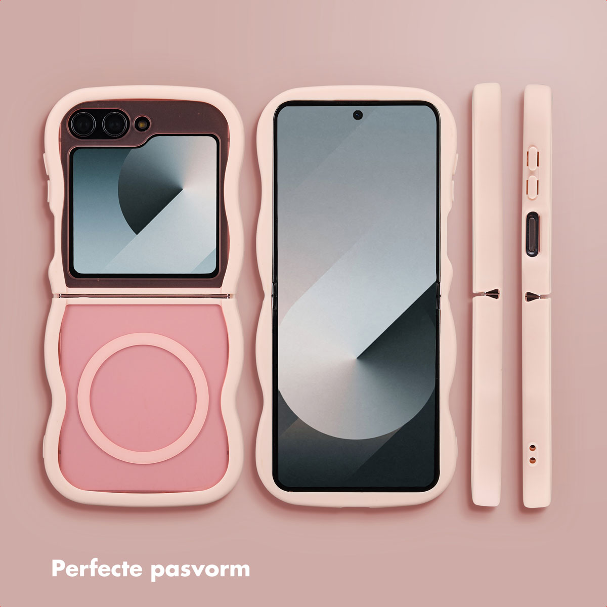 Ensemble d'étuis de téléphone roses sur fond rose. Comprend un téléphone plié, déplié et deux côtés de l'étui.