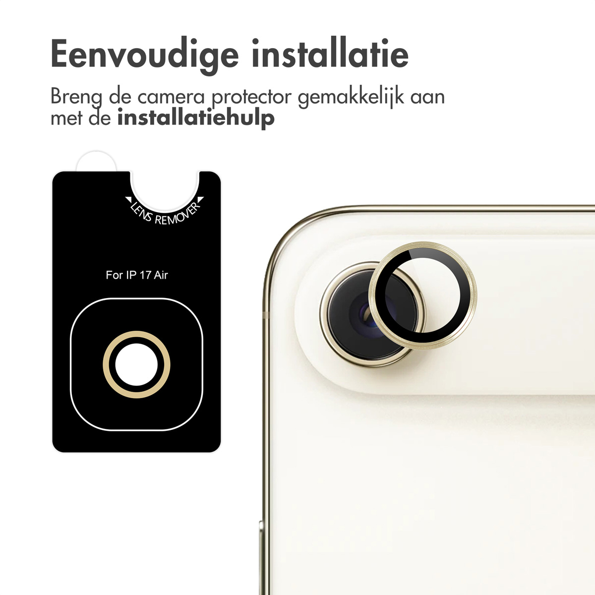 Image shows a black lens protector next to a phone with a gold-rimmed camera. Text says 'Easy installation' and instructions.