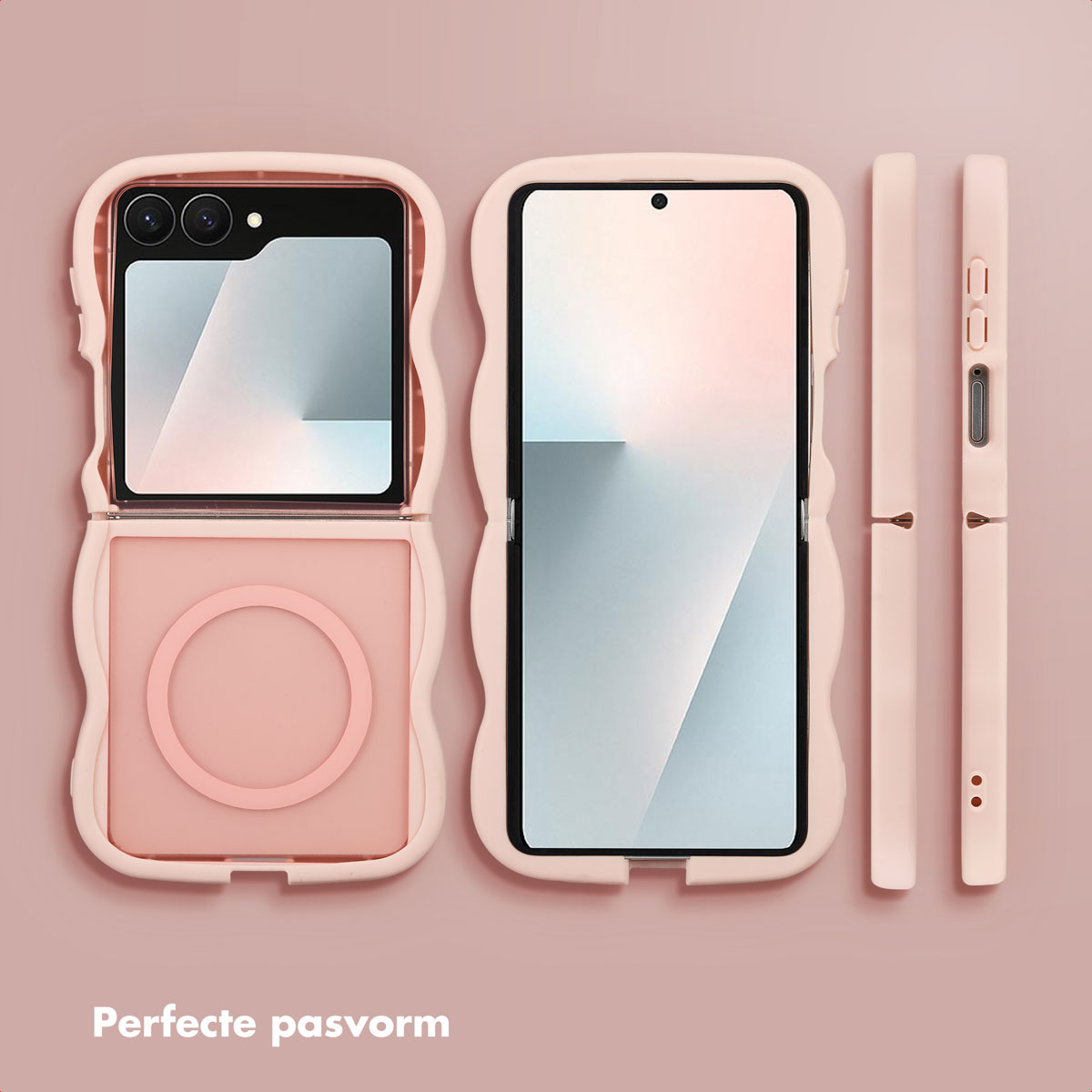 Roze telefoonhoesjes set, inclusief open en gesloten telefoonsecties, zijaanzichten en een oplaadgebied.