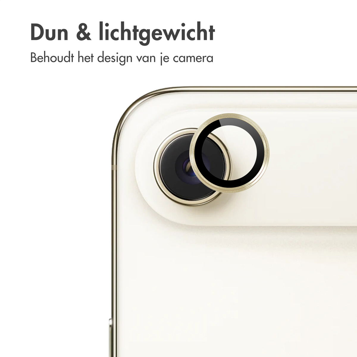 Close-up of a phone camera with a lens protector. The phone is white, the lens is black and gold. Text: Thin & lightweight.