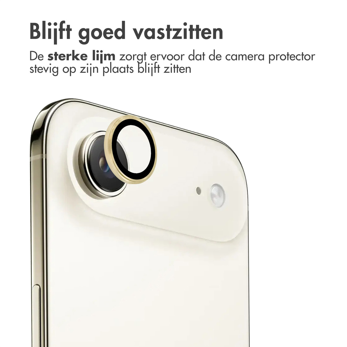 Close-up of a phone back with a camera protector being applied. The protector is gold and black, with text above.