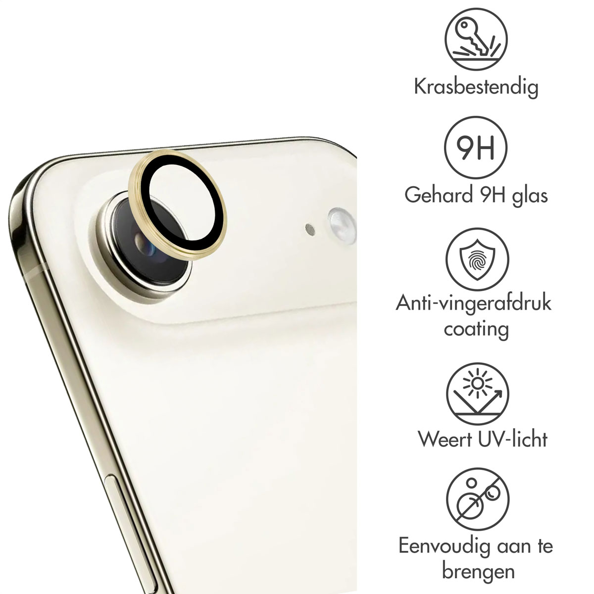 A golden phone camera protector is placed on a white phone. Text beside it indicates scratch resistance, 9H glass, and UV light protection.