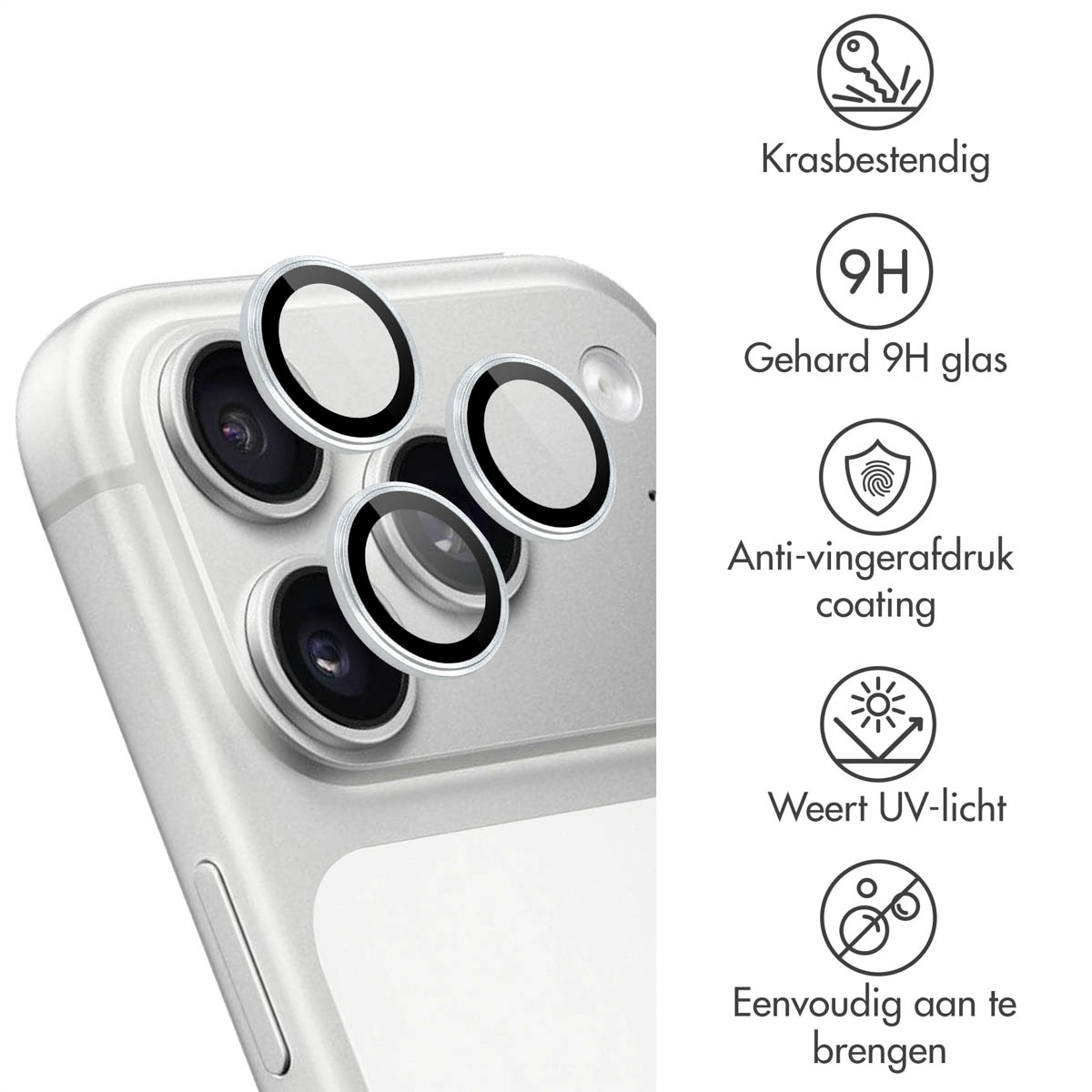 Een telefoon met beschermende ringen op de cameralenzen. Tekst geeft krasbestendigheid, 9H-glas, anti-vingerafdrukcoating, UV-bescherming aan.