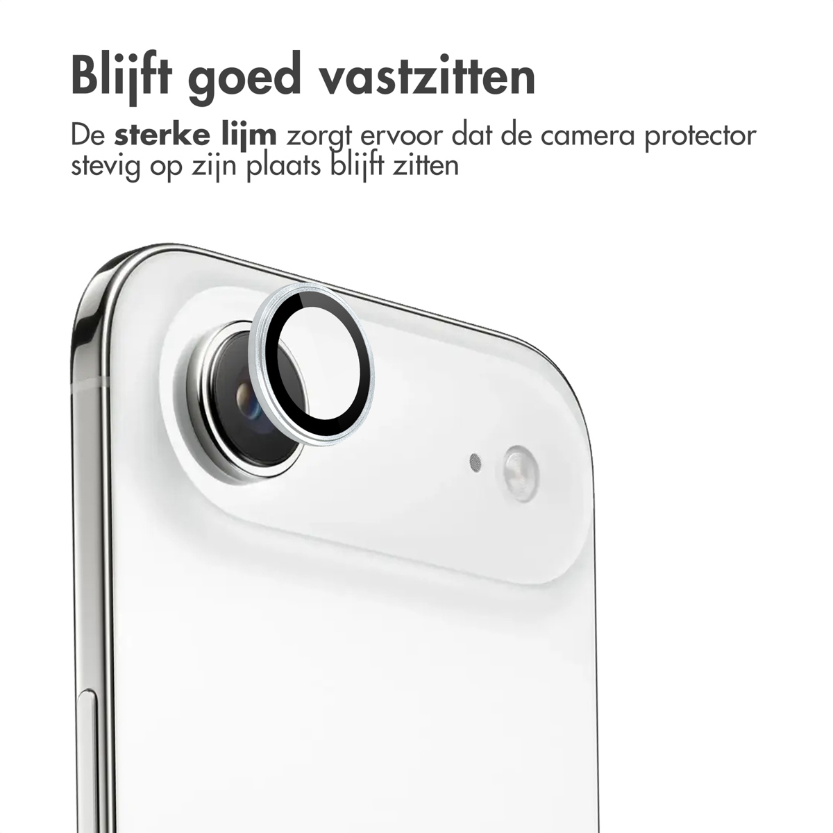 A phone with a camera protector is shown, the protector is around the camera lenses. Text says it sticks well.