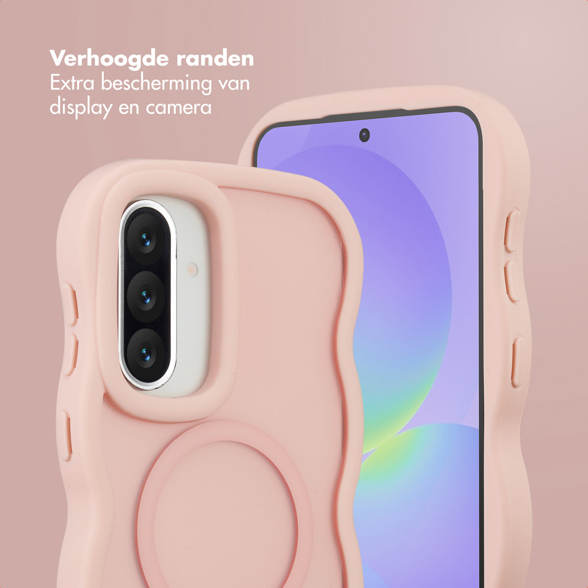 Gros plan d'une coque de téléphone rose protégeant un smartphone. La coque comporte un bord surélevé pour protéger l'écran et l'appareil photo.