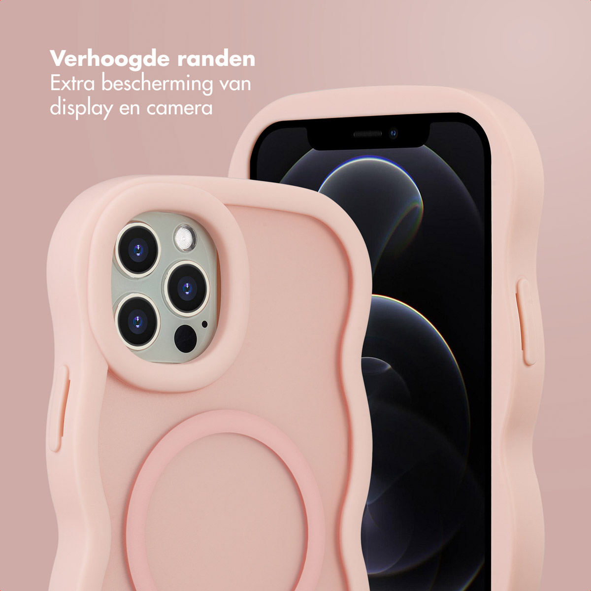 Een roze telefoonhoes beschermt een telefoon met zwart scherm. De hoes heeft een camera-uitsparing en verhoogde randen ter bescherming.