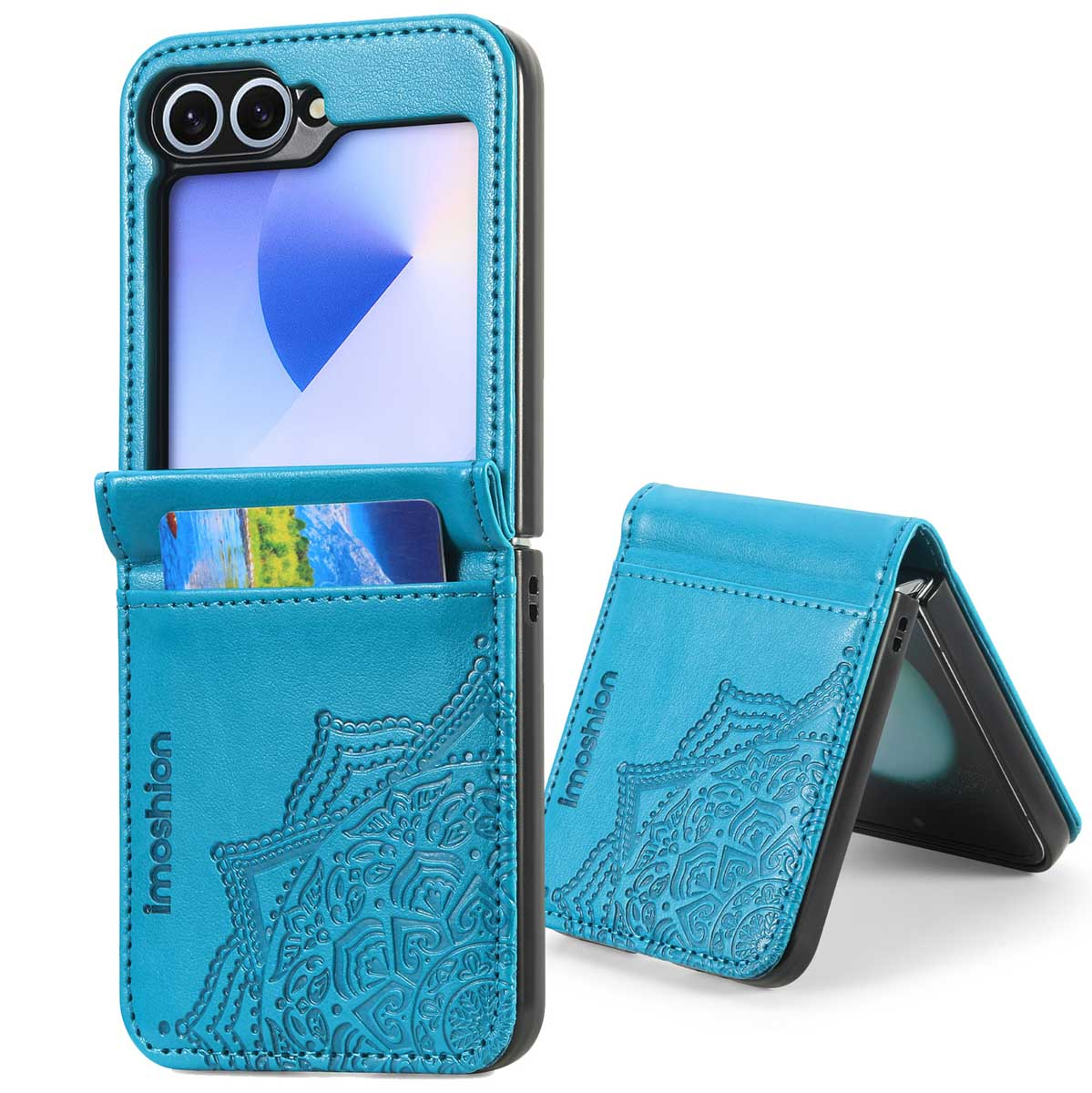 Blauwe telefoonhoes met kaartsleuf, open en dicht. Het heeft een mandala-ontwerp en de merknaam 'imoshion'.