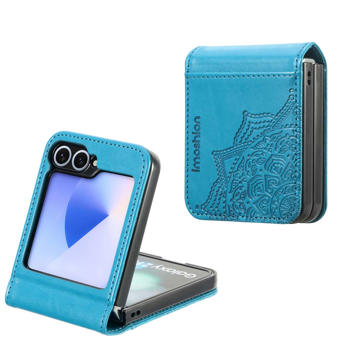 Twee blauwe telefoonhoesjes, één open met scherm, de andere gesloten. Beide hebben het Imoshion-logo en decoratieve patronen.