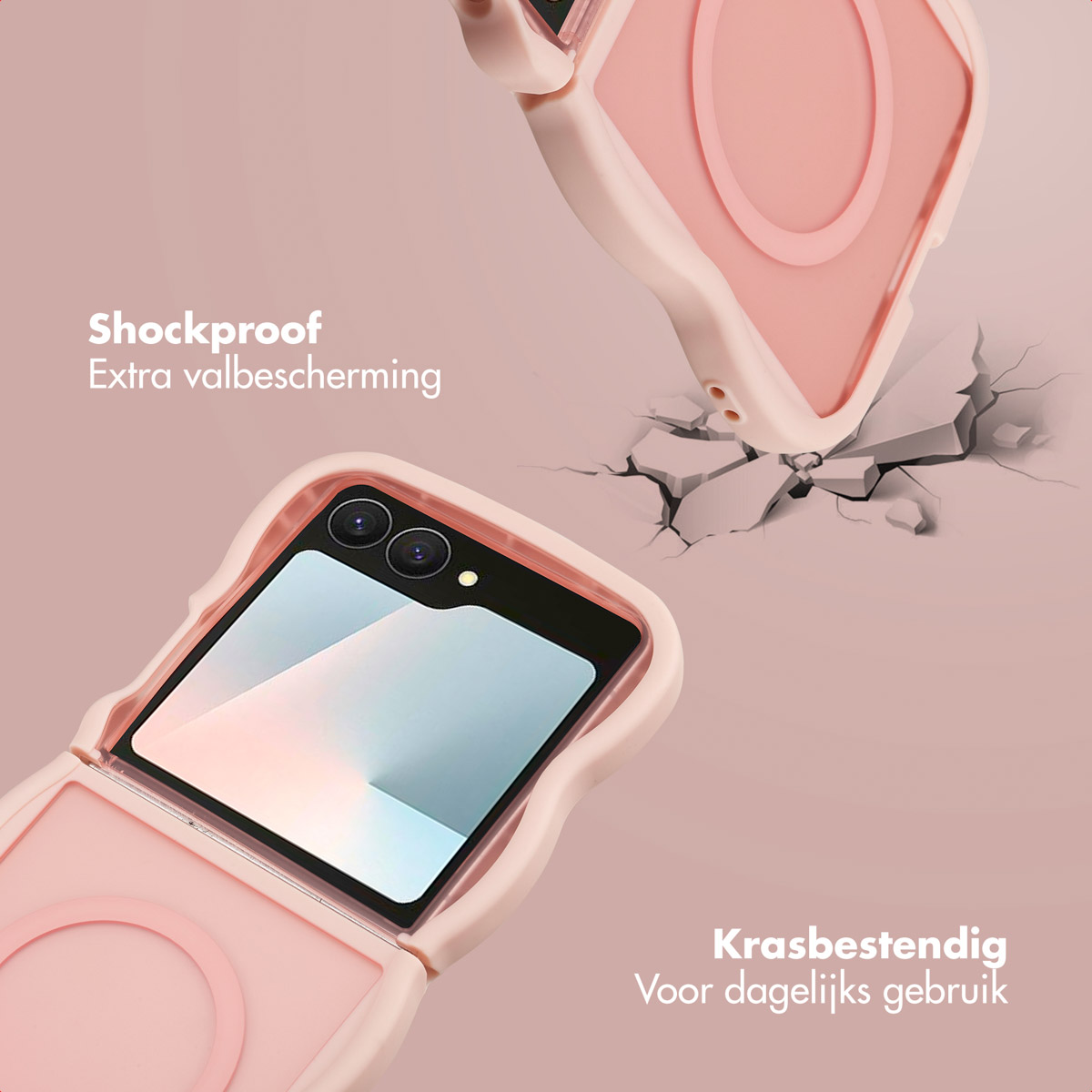 Roze telefoonhoesje met schokbestendige functie. Eén hoesje is gebarsten bij impact. Tekst zegt schokbestendig en krasbestendig.