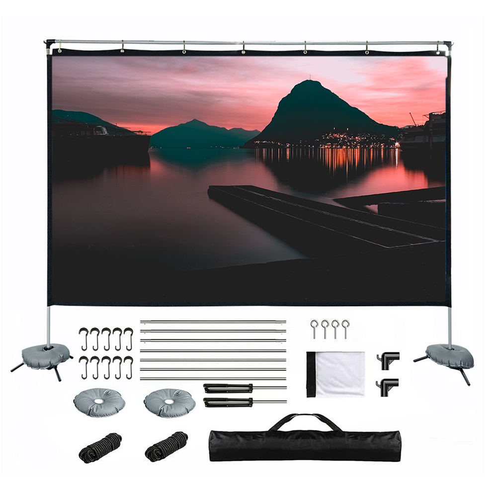 Una pantalla de proyección portátil con un fondo escénico de lago, montañas y atardecer. Se incluyen varios accesorios para la configuración.