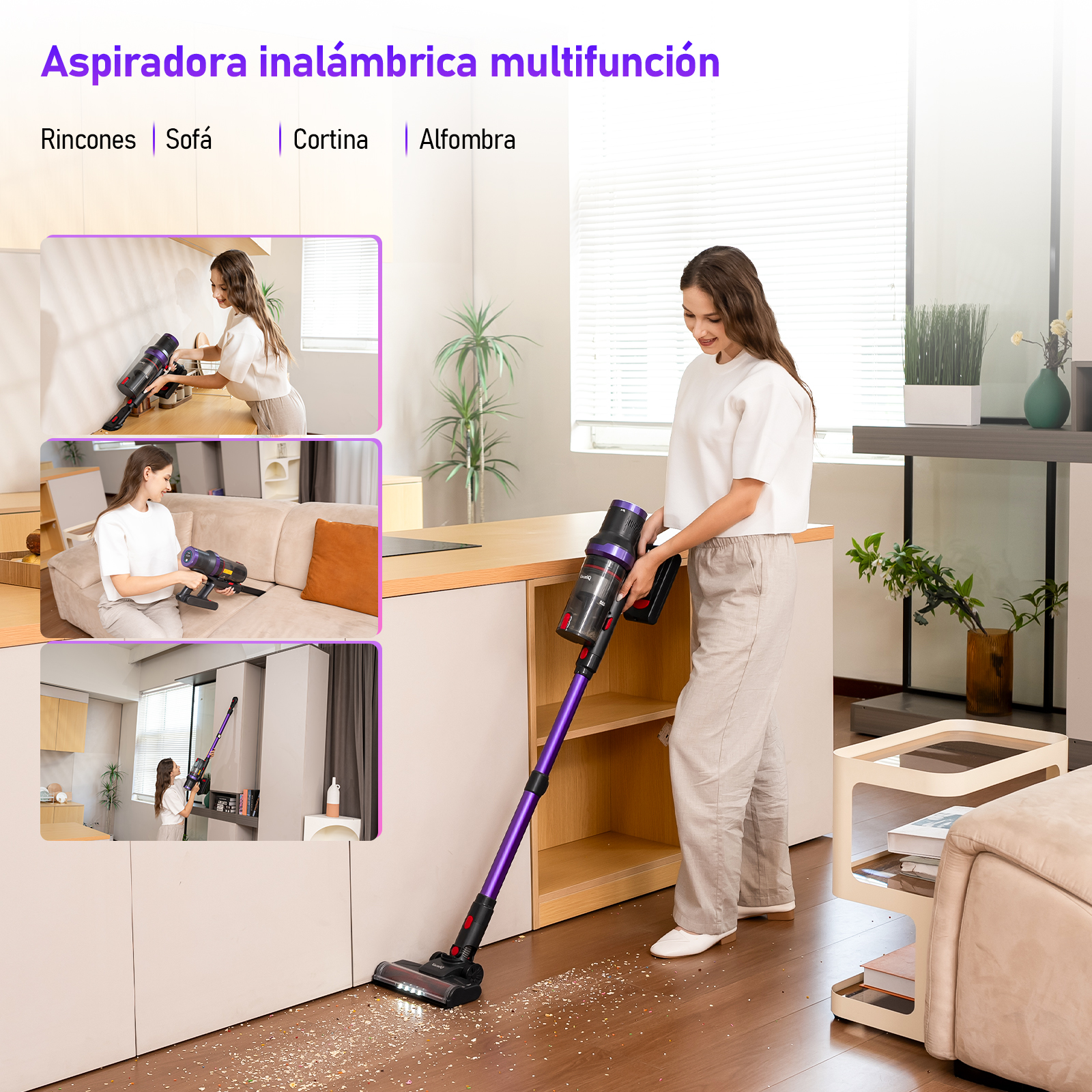 Mujer aspirando un suelo de madera con una aspiradora inalámbrica morada. Se ve polvo y suciedad. Las imágenes muestran la aspiradora en uso.