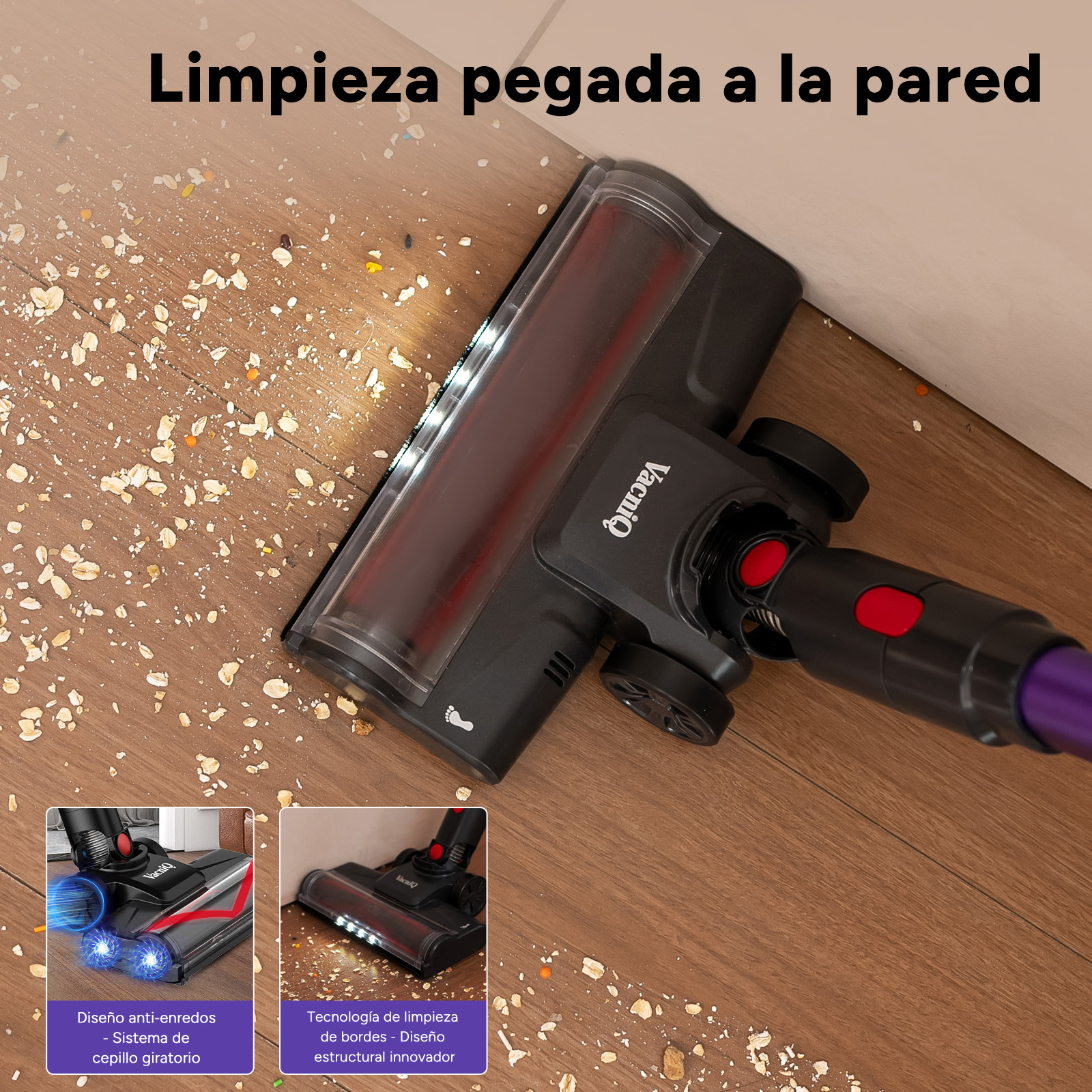 Un cabezal de aspiradora que limpia cerca de una pared. Hay escombros en el suelo de madera. La aspiradora es negra y roja.
