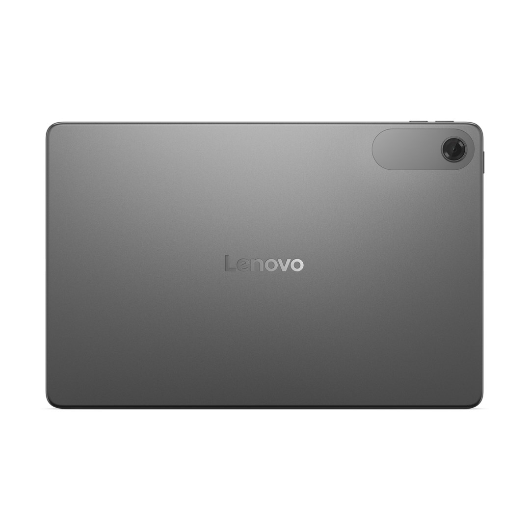 Vue arrière d'une tablette Lenovo grise. Elle a une caméra et un logo. Le fond est blanc.