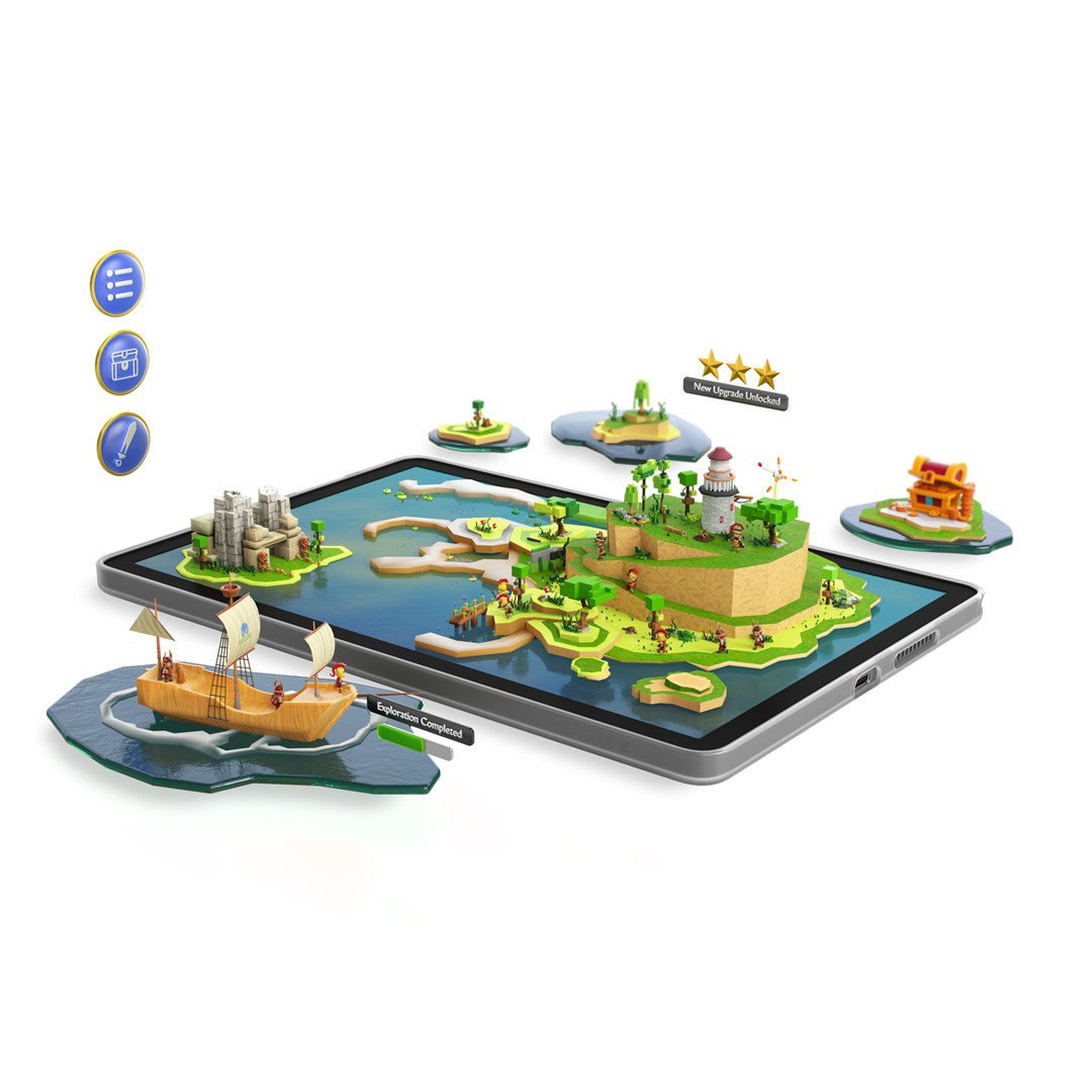 Une tablette affiche une carte de jeu avec des îles, un navire et des bâtiments. Des boutons sont à gauche, une bannière 'Nouvelle amélioration débloquée' en haut.