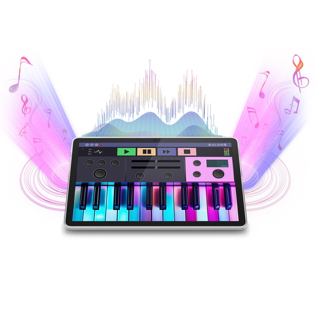 Une tablette affiche une interface musicale, avec un clavier et une visualisation des ondes sonores. Des notes de musique roses et violettes en émanent.