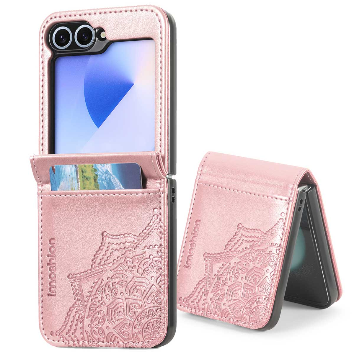 Étui de téléphone rose avec fente pour carte et motif floral. Il est ouvert, affichant un écran de téléphone, et un autre fermé est également présent.