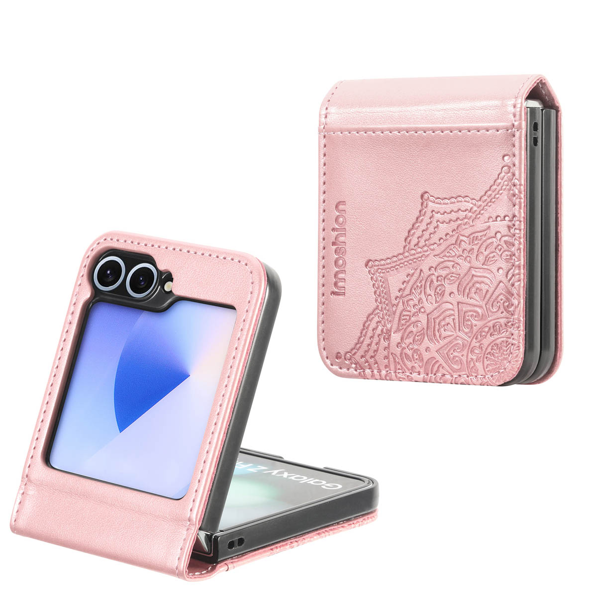 Étui de téléphone rose avec un motif mandala, ouvert pour afficher le téléphone. Un étui fermé est également visible.